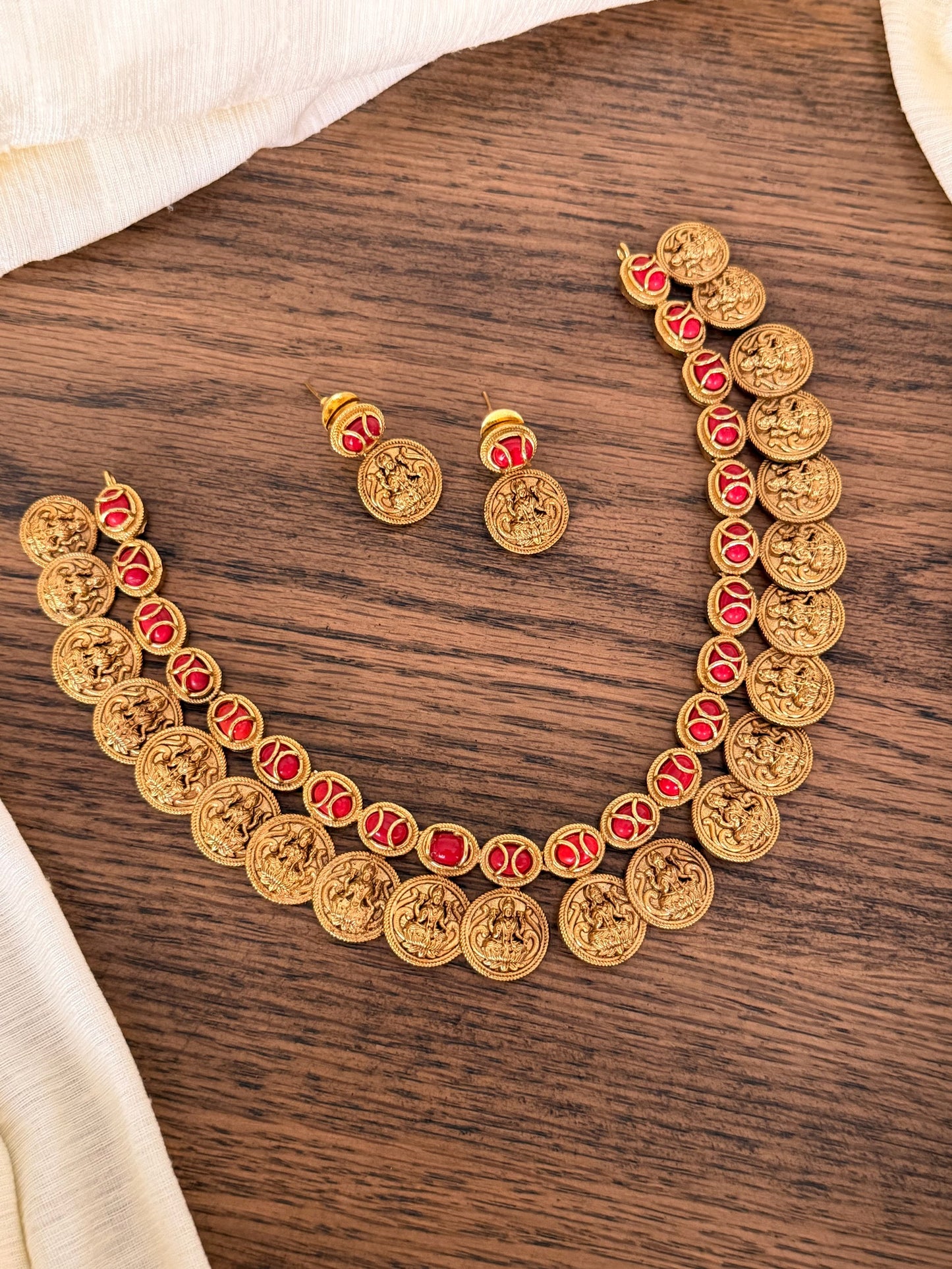 Traditional Coral Motif Coin Necklace Set in Brass – Festive Wear