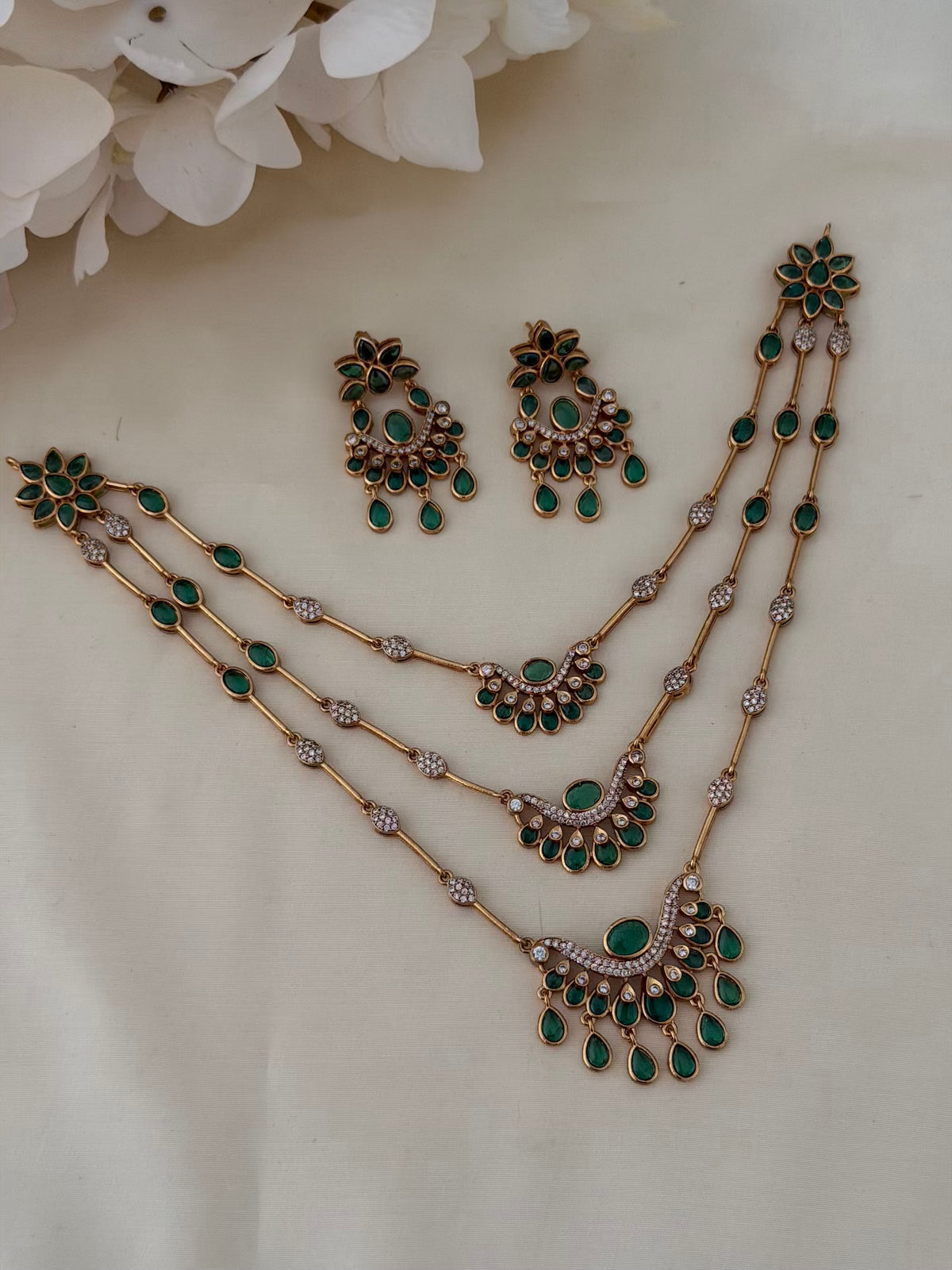 Emerald Green Layered Long Necklace Set with CZ Accents and Drop Earrings
