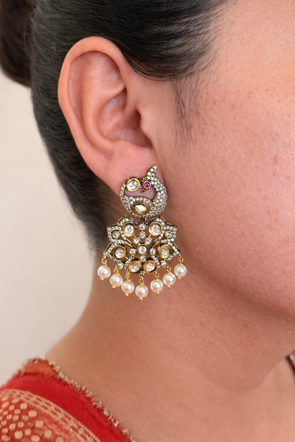 Peacock Motif Kundan Statement Earrings