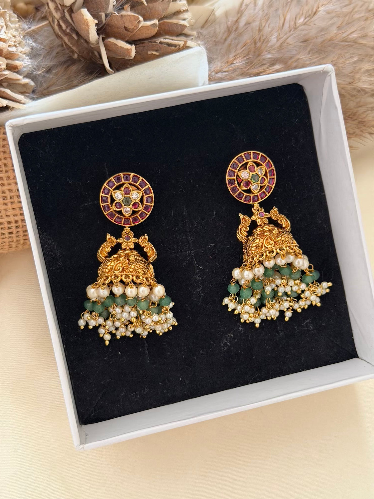 Round Ruby Kemp Stud Peacock Jhumka Earrings with Pearl and Green Bead Drops