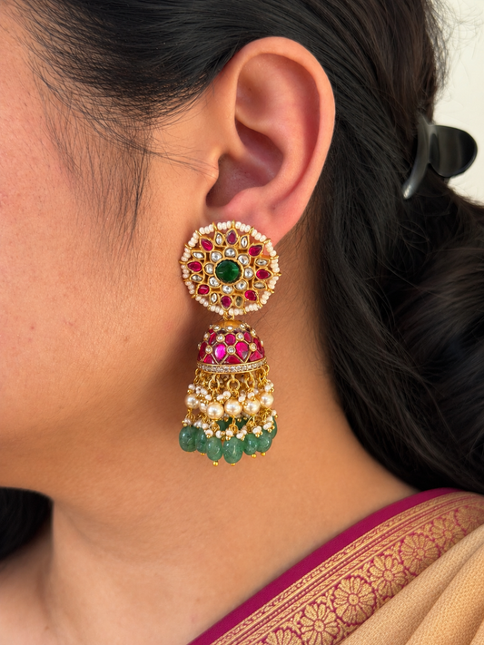 Jadau Kundan Ruby Lattice Jhumka Earrings with Pearl Trim