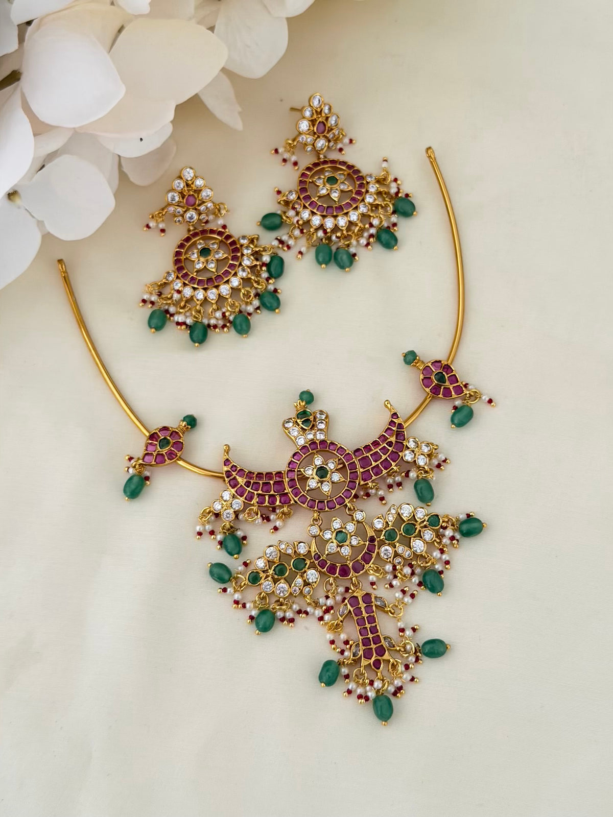 Kemp Hasli Necklace Set with Crescent Pendant and Emerald Bead Earrings
