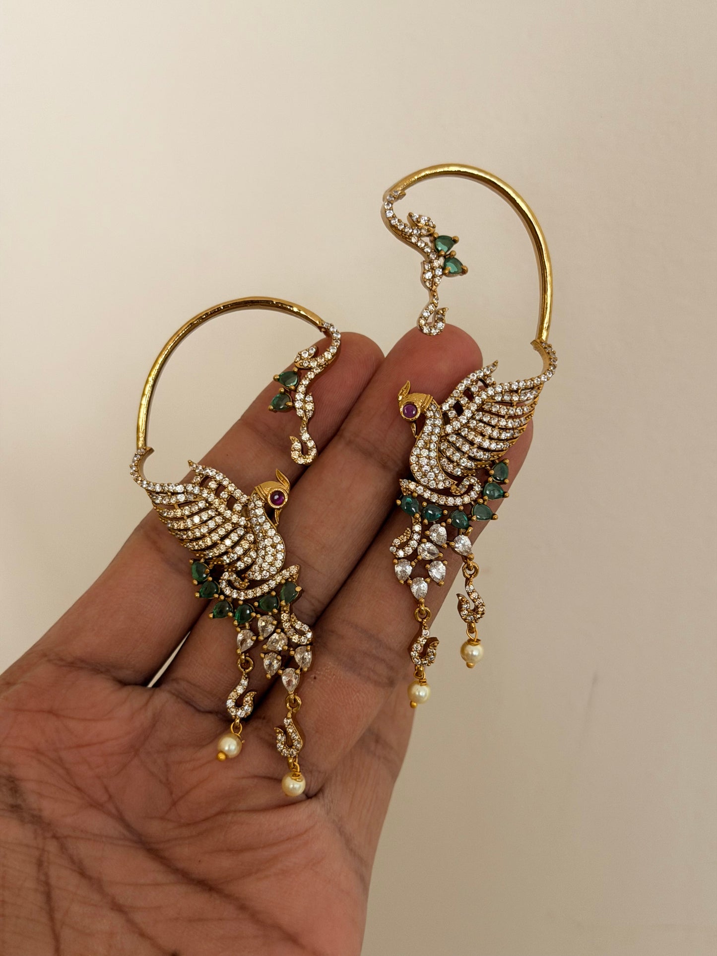 Majestic Bird Statement Ear Cuffs | Crystal Pave & Pearl Bridal Earrings