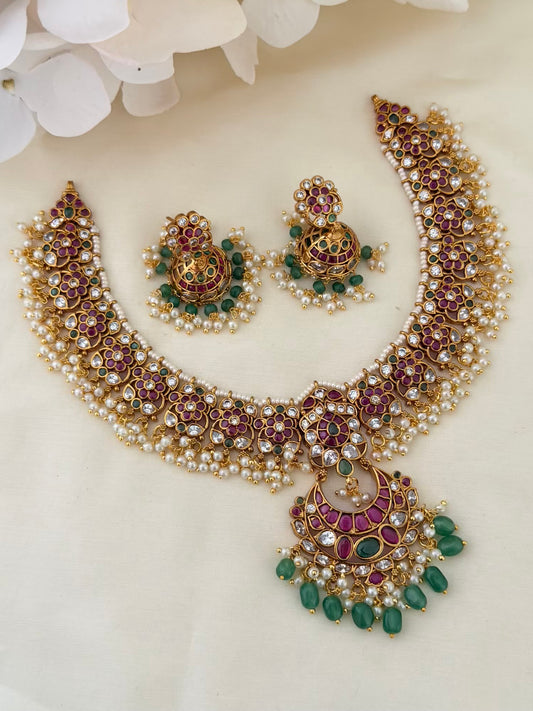 Kemp Pearl Cluster Necklace Set with Chaandbali Pendant and Jhumka Earrings