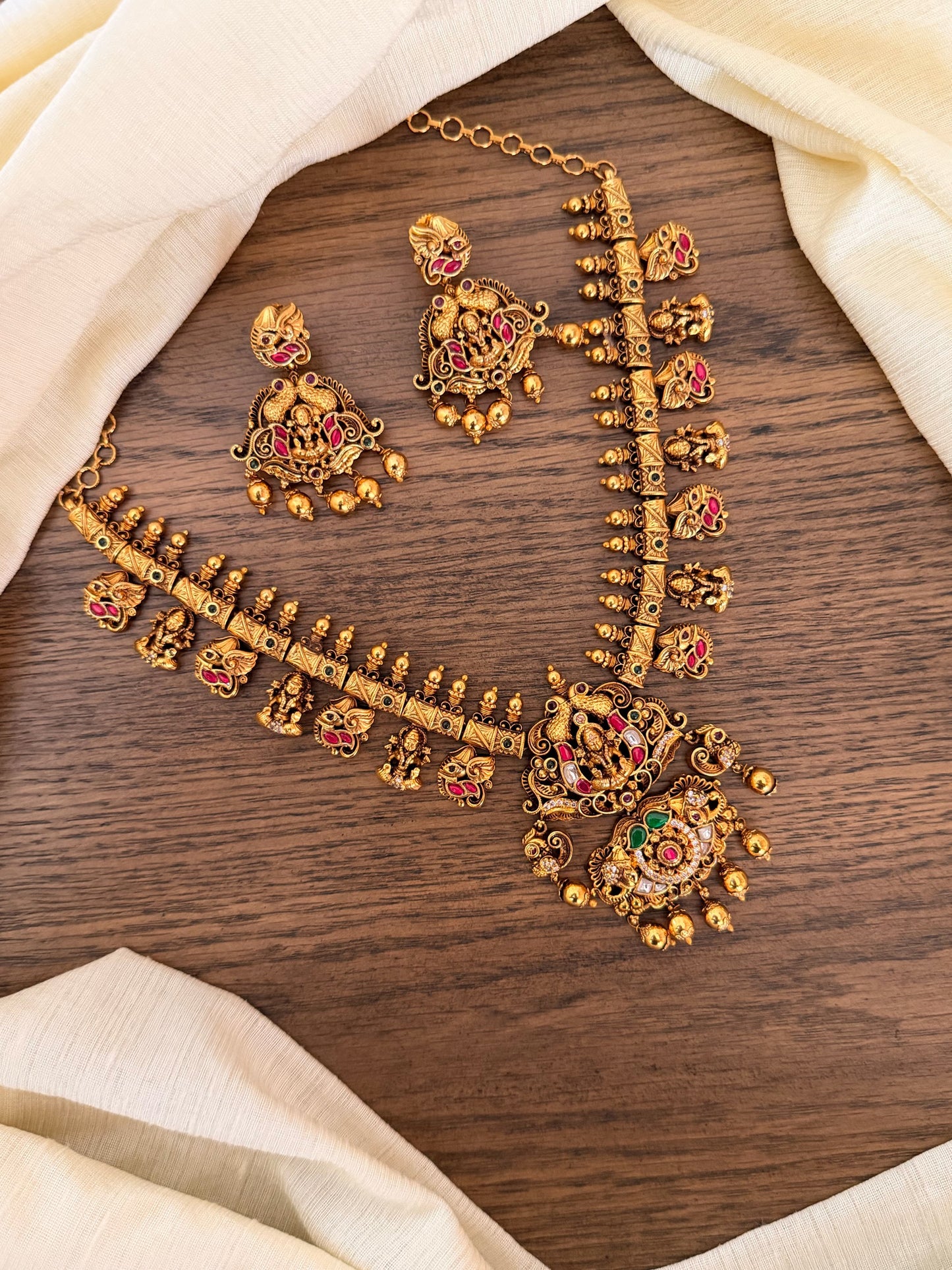 Antique Jadau Kundan Lakshmi Temple Jewelry Set | Handcrafted Nakas Necklace with Matching Jhumka Earrings