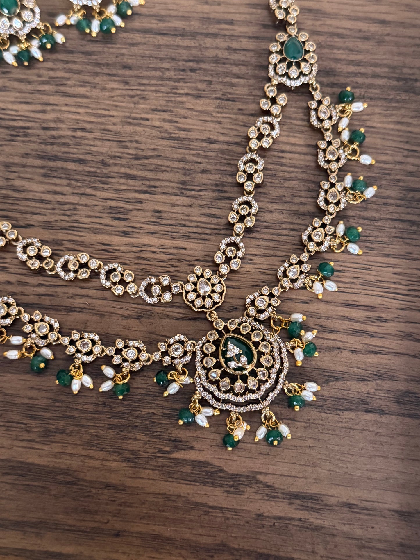Exquisite Double-Layered CZ & Emerald Necklace with Seed Pearl Tassels