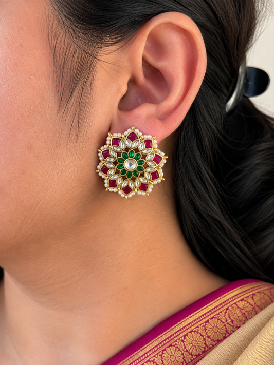 Jadau Kundan Floral Stud Earrings with Ruby & Emerald Petals