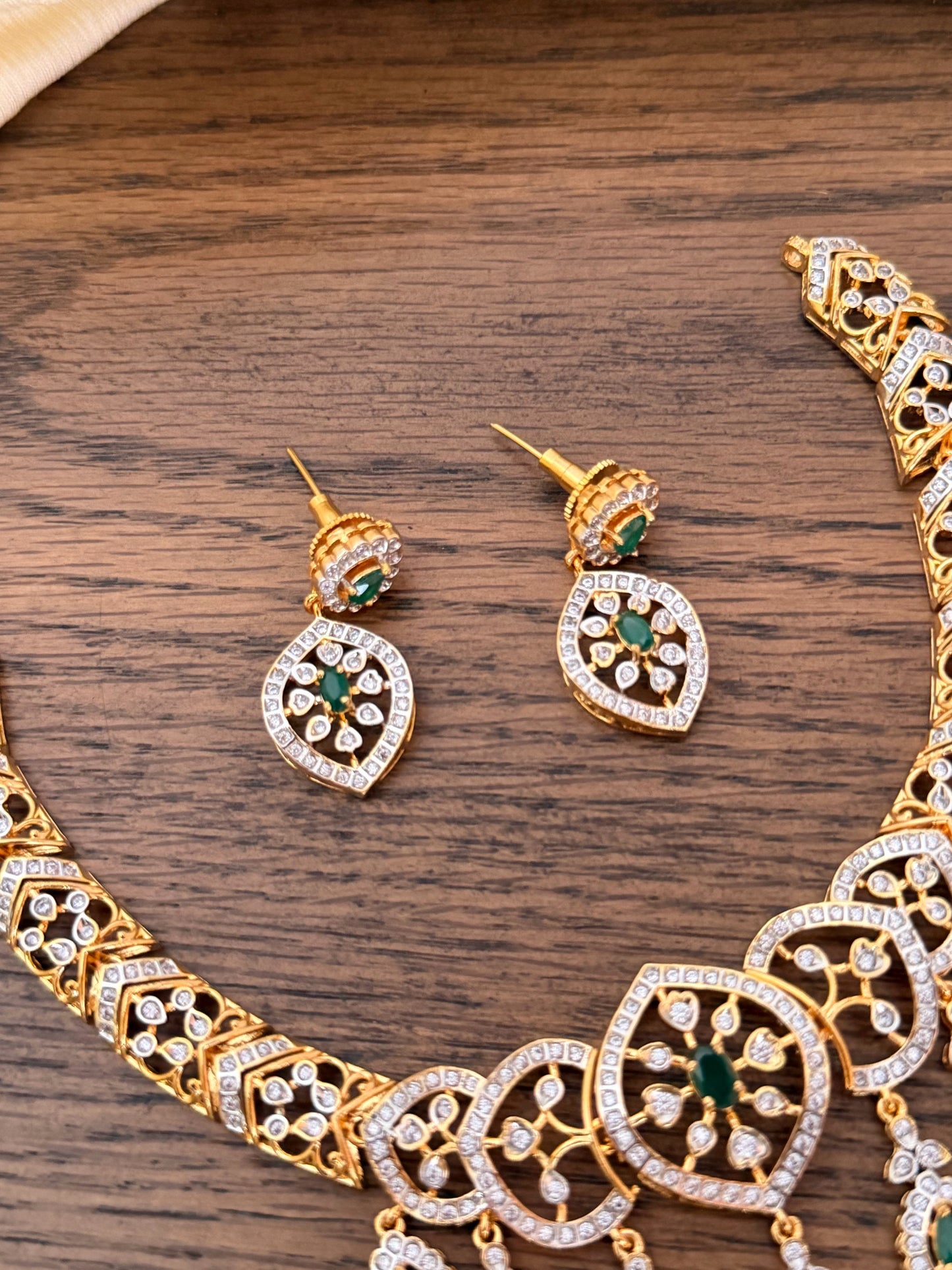Gold-Finish Emerald Drop Necklace Set with Intricate CZ Filigree