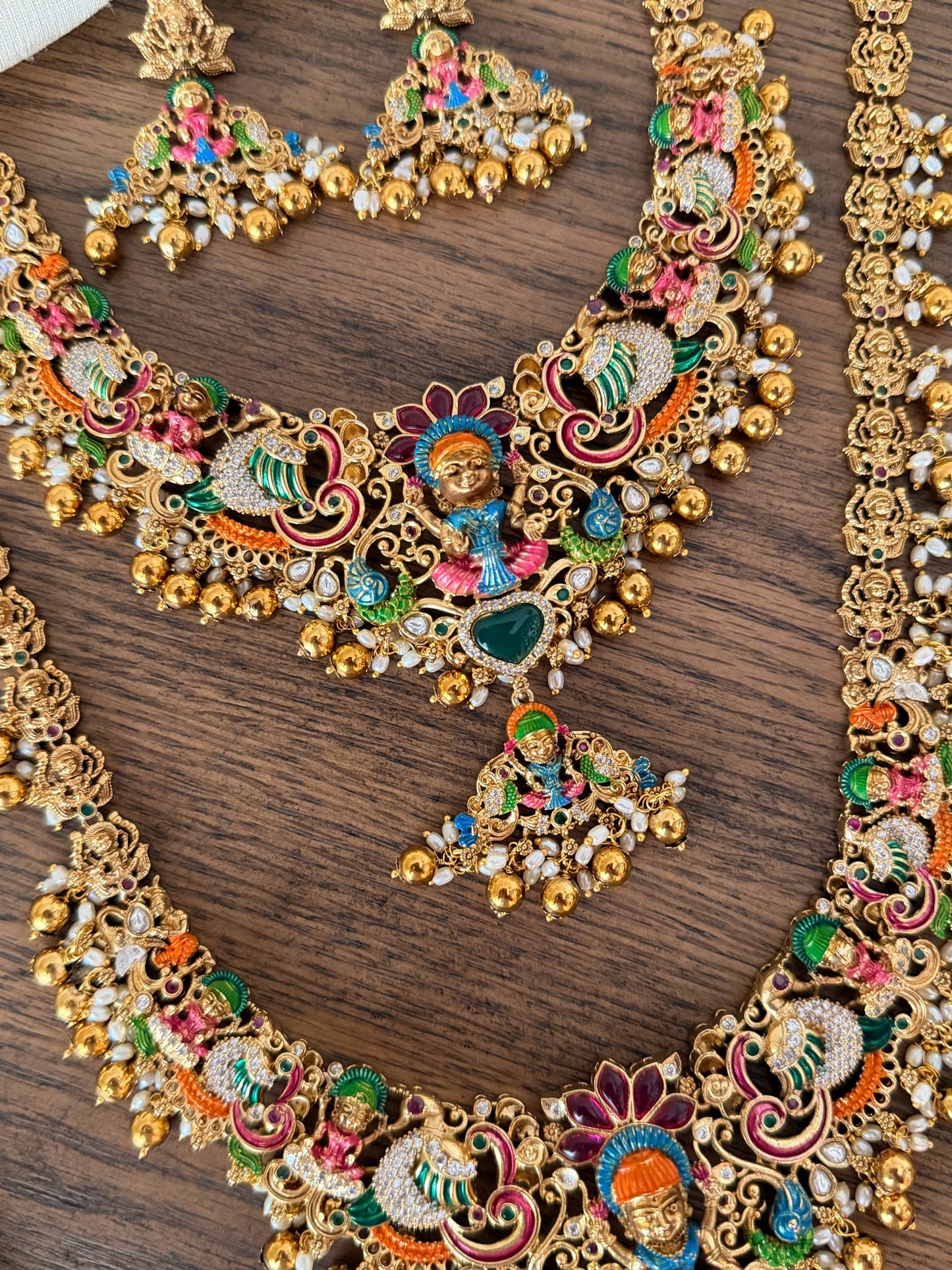 Hand painted Nakshi Temple Jewellery Set with Antique Gold Finish