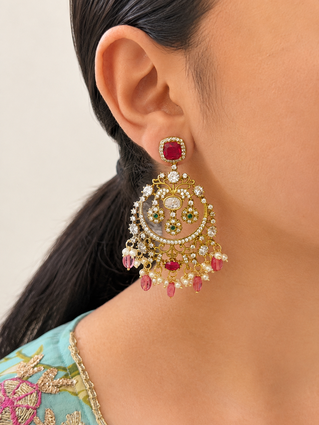 Moissanite Chaandbali Earrings with Pearls & Green Monalisa Beads