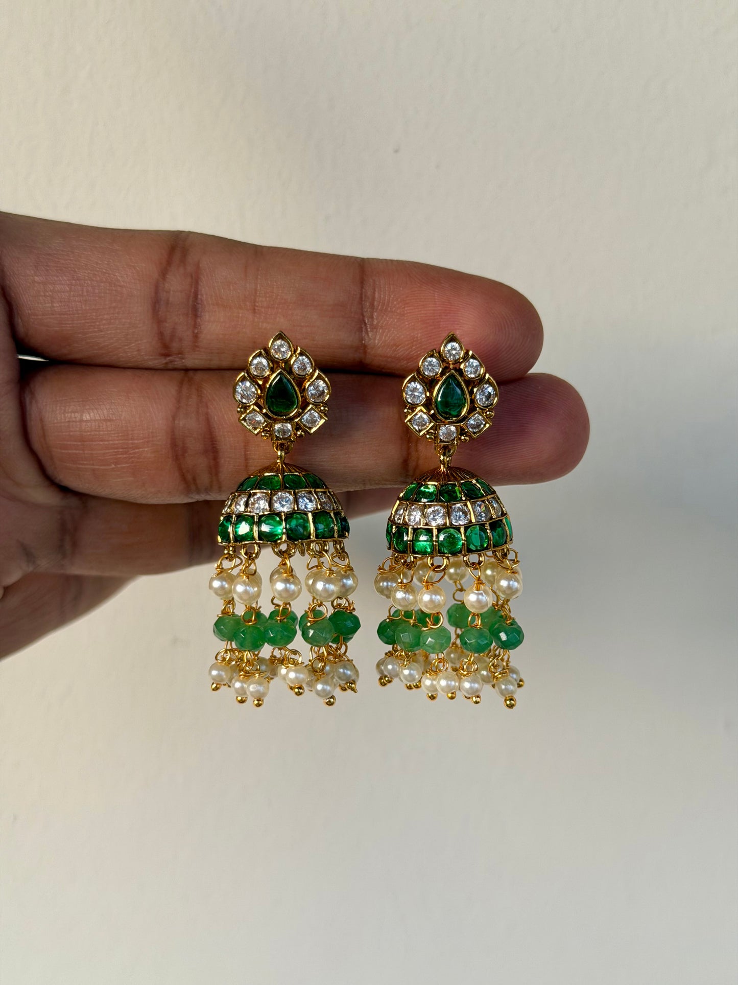 Emerald Green Jhumka Earrings with Tiered Pearl and Bead Drops