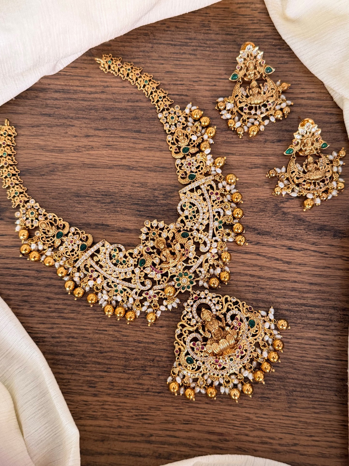 Bridal Lakshmi Devi Nakshi Necklace Set in Antique Gold Finish