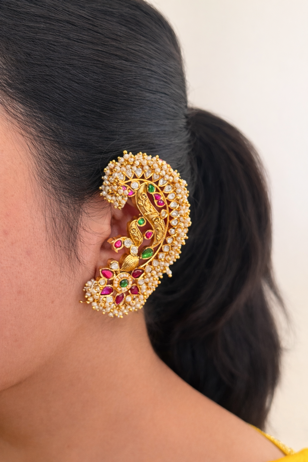 Luxury Jadau Kundan Ear Cuff Earrings with Pearls | Royal Peacock Design