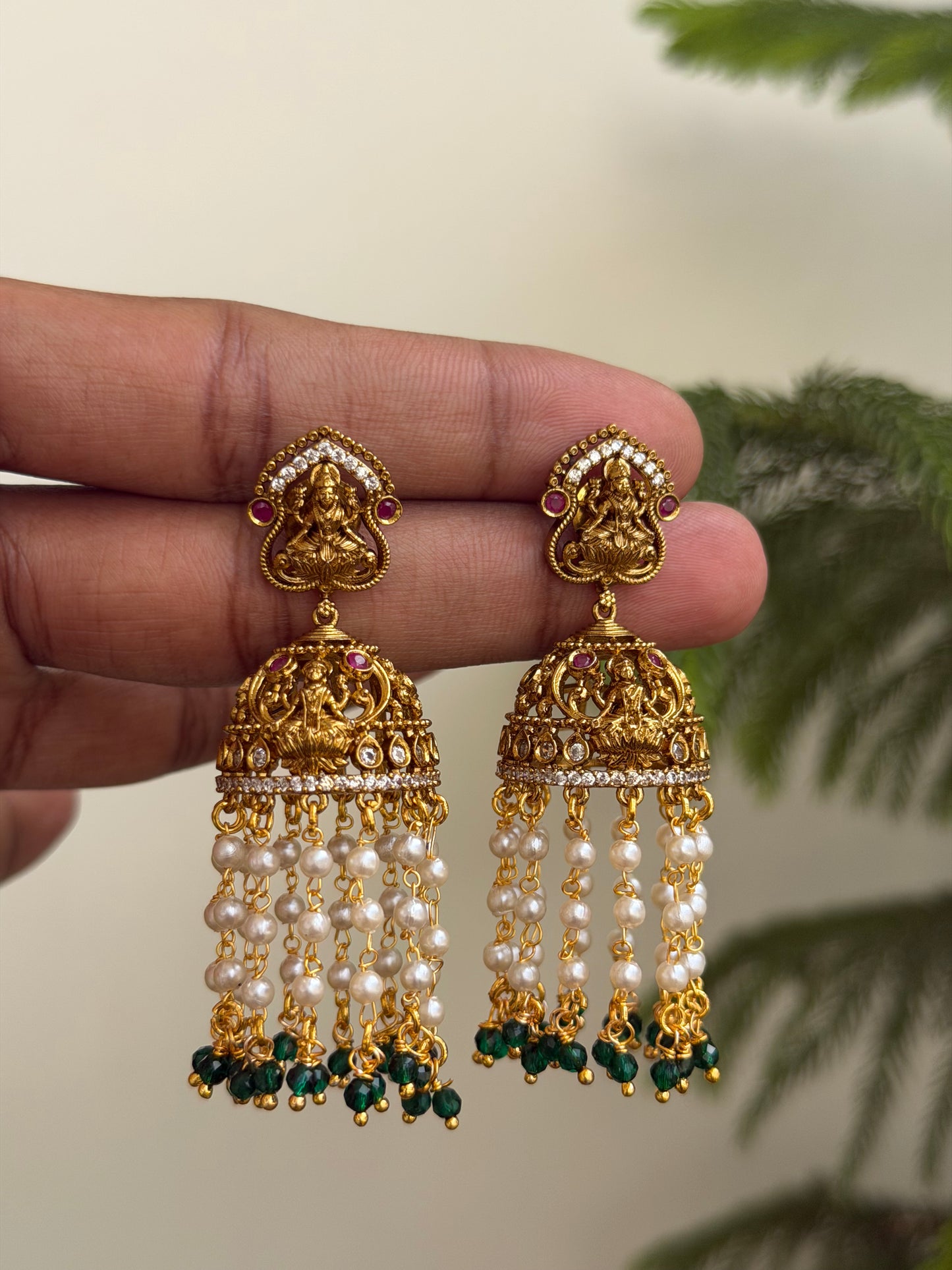 Antique Gold Lakshmi Temple Jhumkas with Pearl & Emerald Tassel Drops