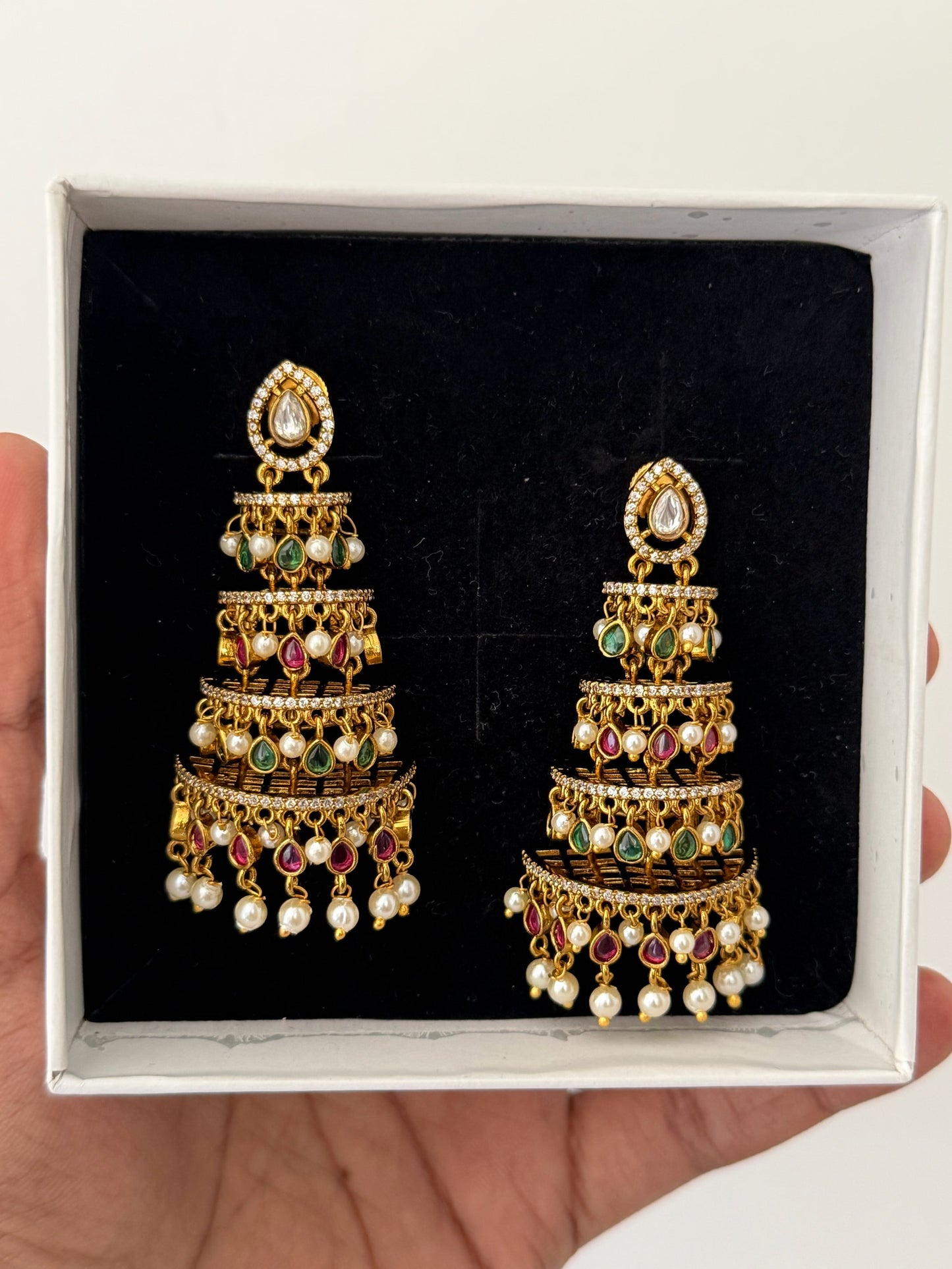 Luxury Tiered Long AD Stone Earrings