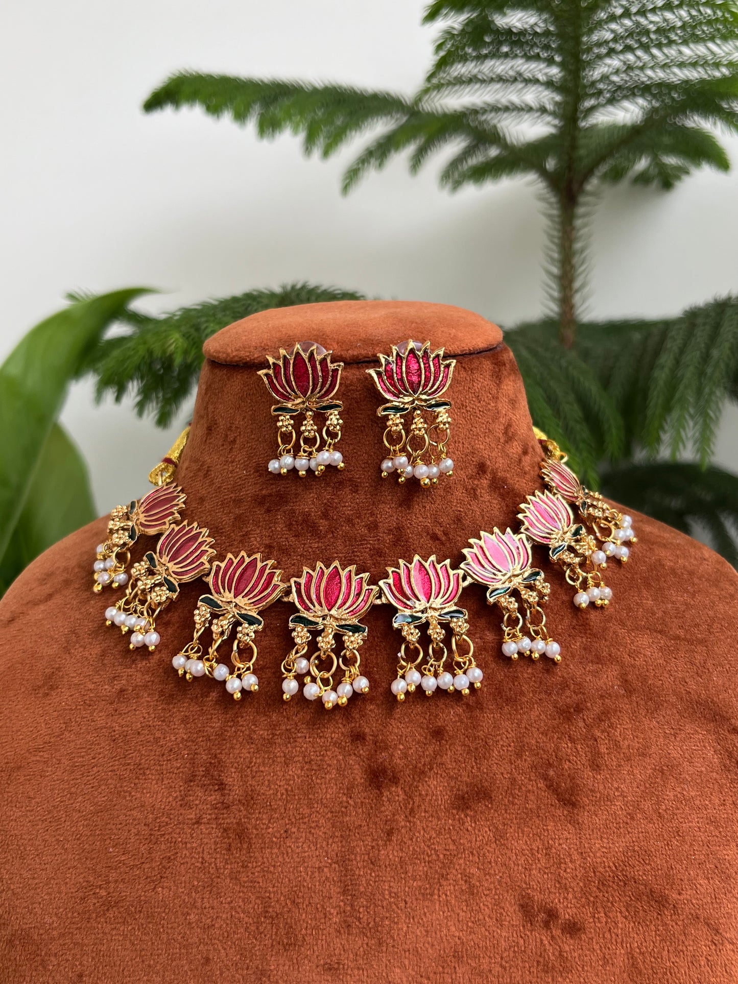 Red Lotus Choker Necklace Set with Pearls | Hand-Painted Meenakari | Antique Gold Finish