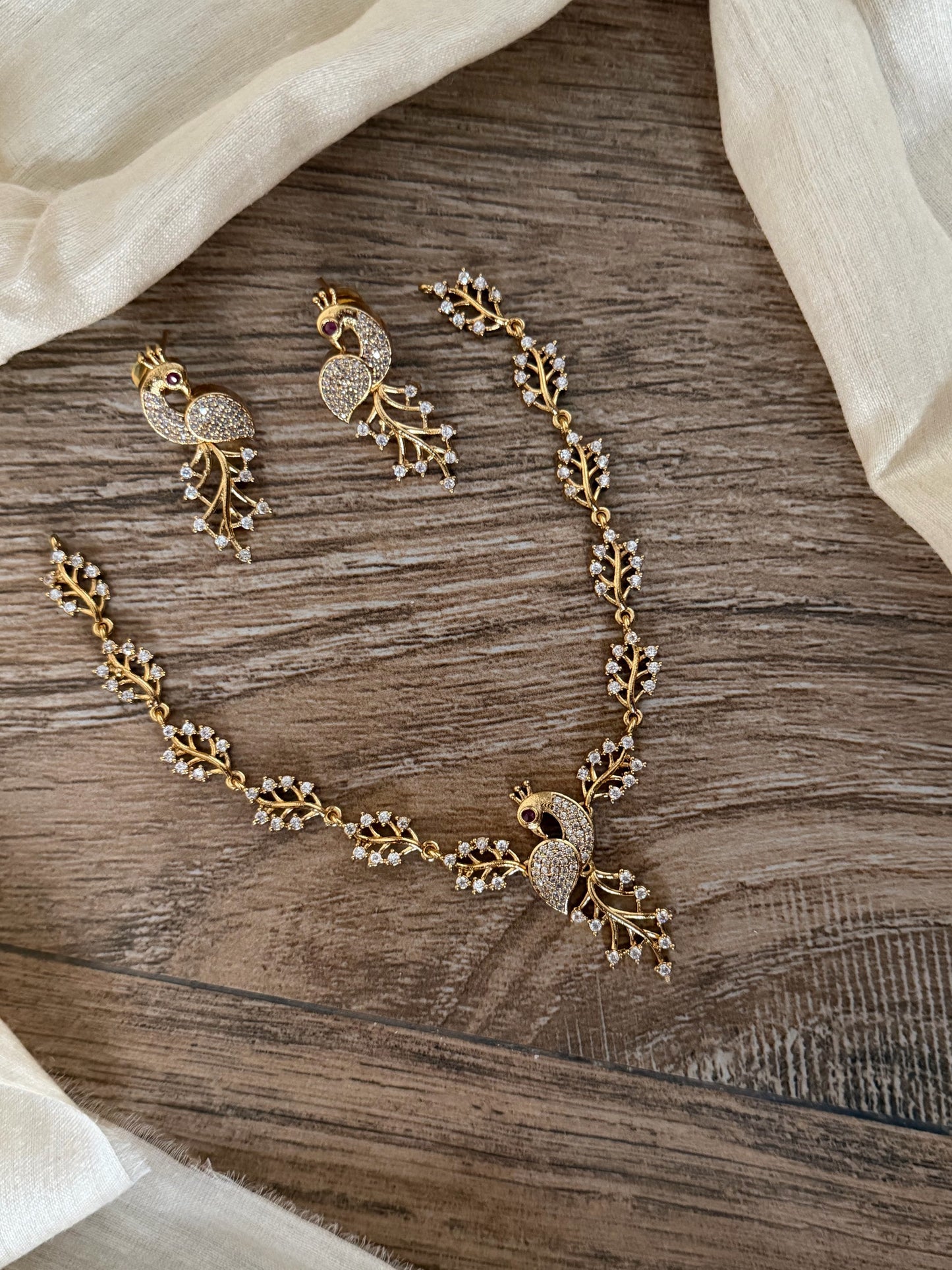 Elegant Peacock Design CZ Studded Premium Necklace Set