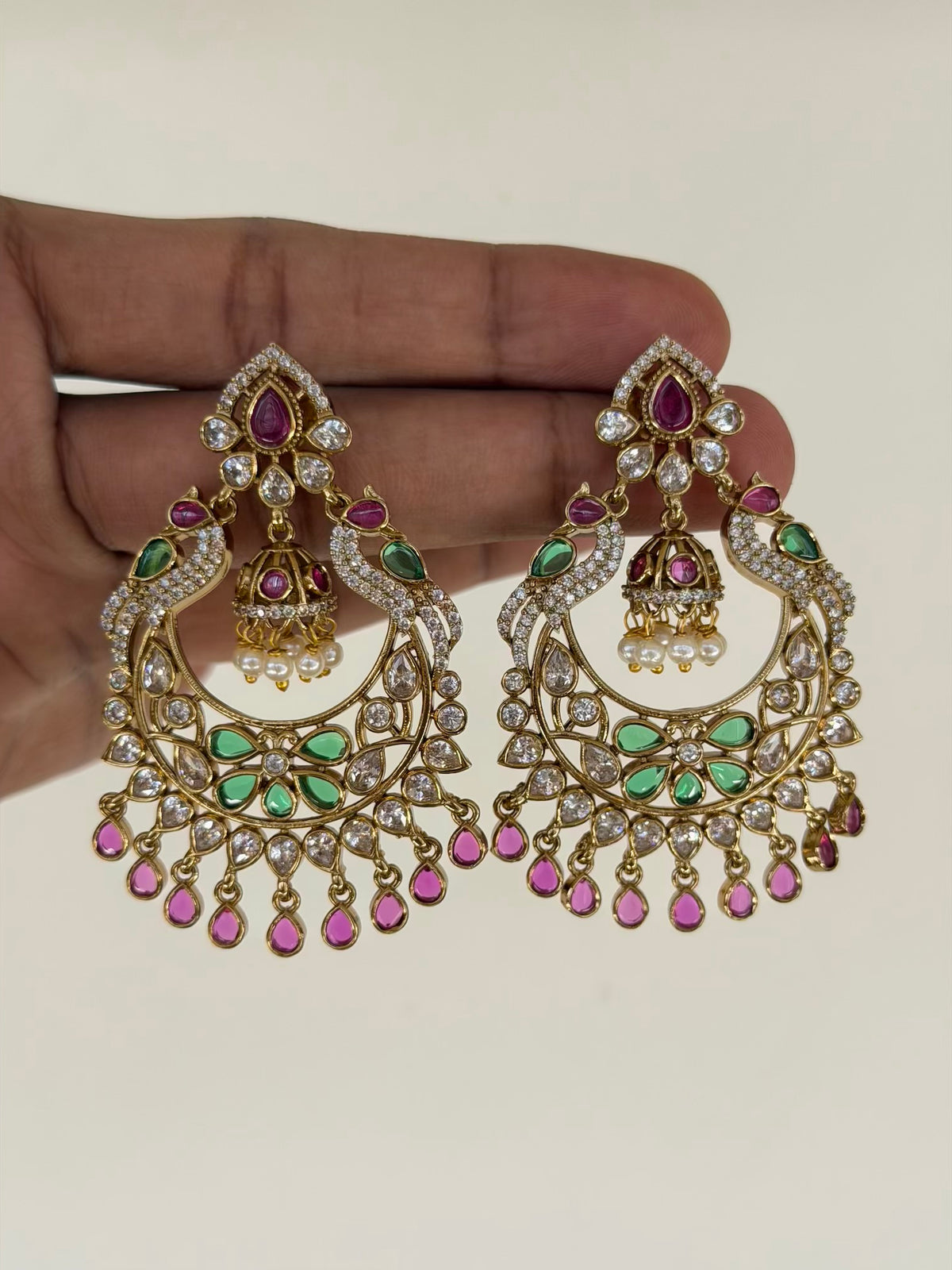 Peacock Chaandbali Earrings with Ruby Drops and Mini Jhumka