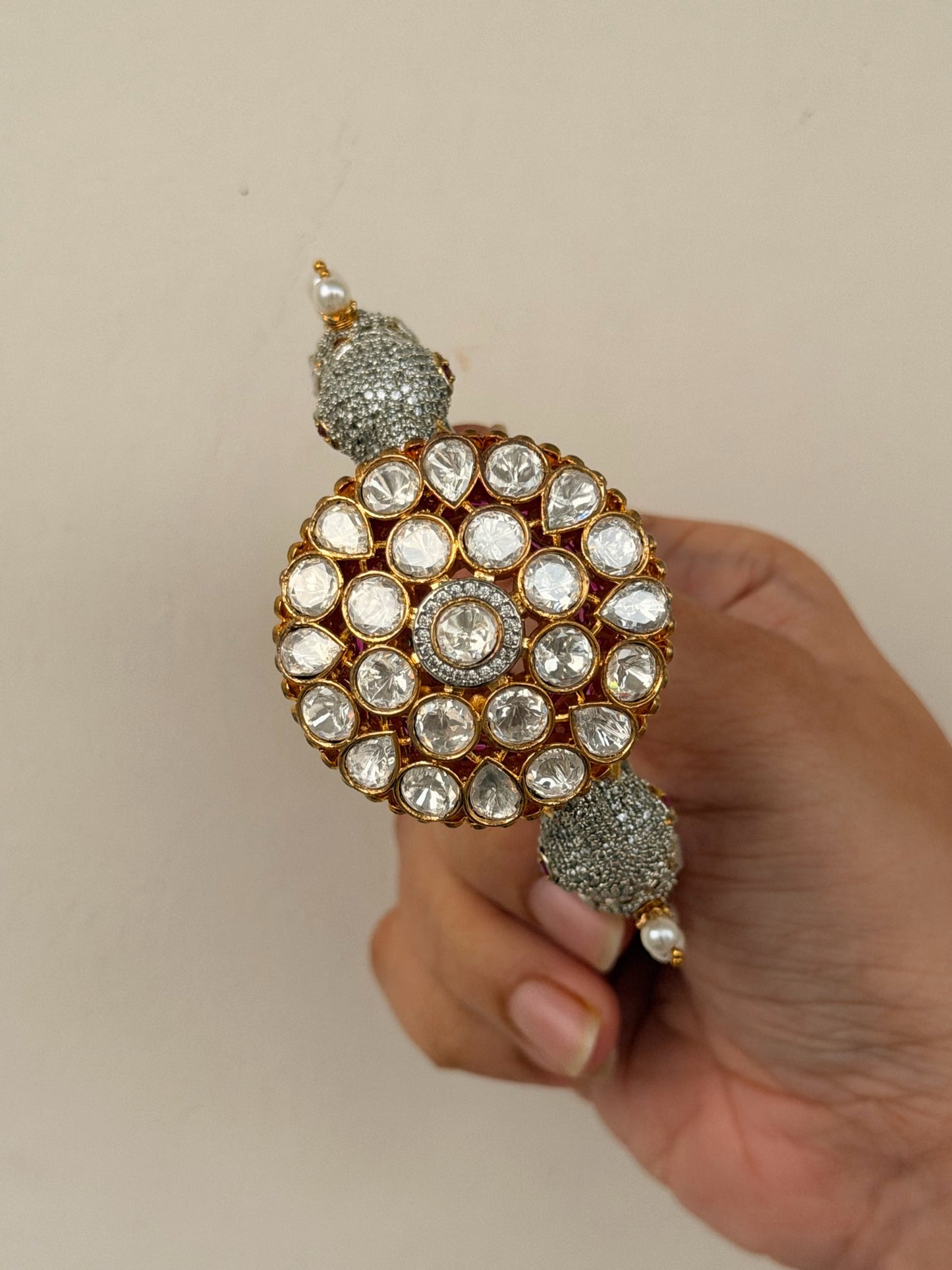 Elephant Motif Foil Back Kundan Kada with Pearl Drops