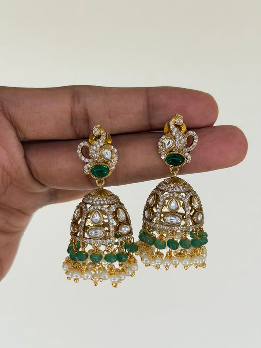 Kundan Peacock Stud Jhumka Earrings with Emerald Oval and Jade Beads