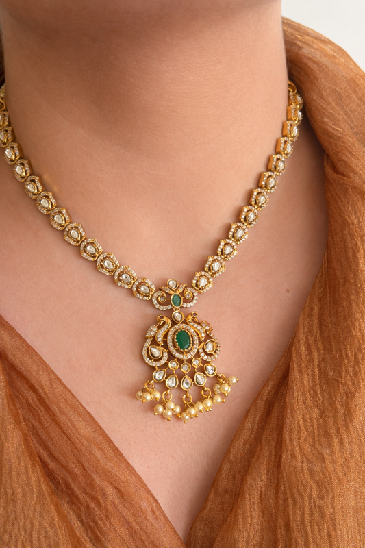 Victorian Peacock Necklace Set with Kundan Stones & Pearl Drops