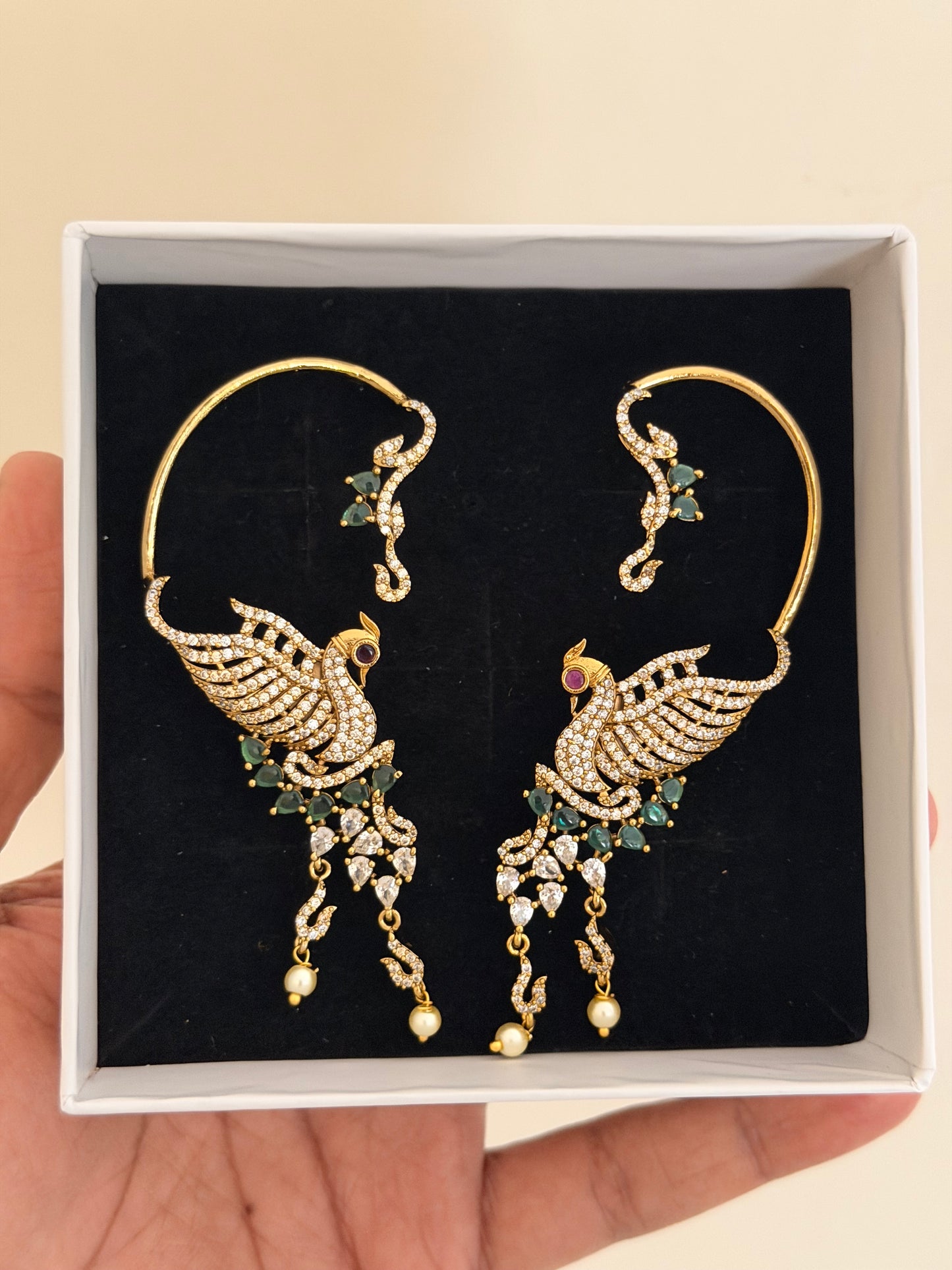 Majestic Bird Statement Ear Cuffs | Crystal Pave & Pearl Bridal Earrings