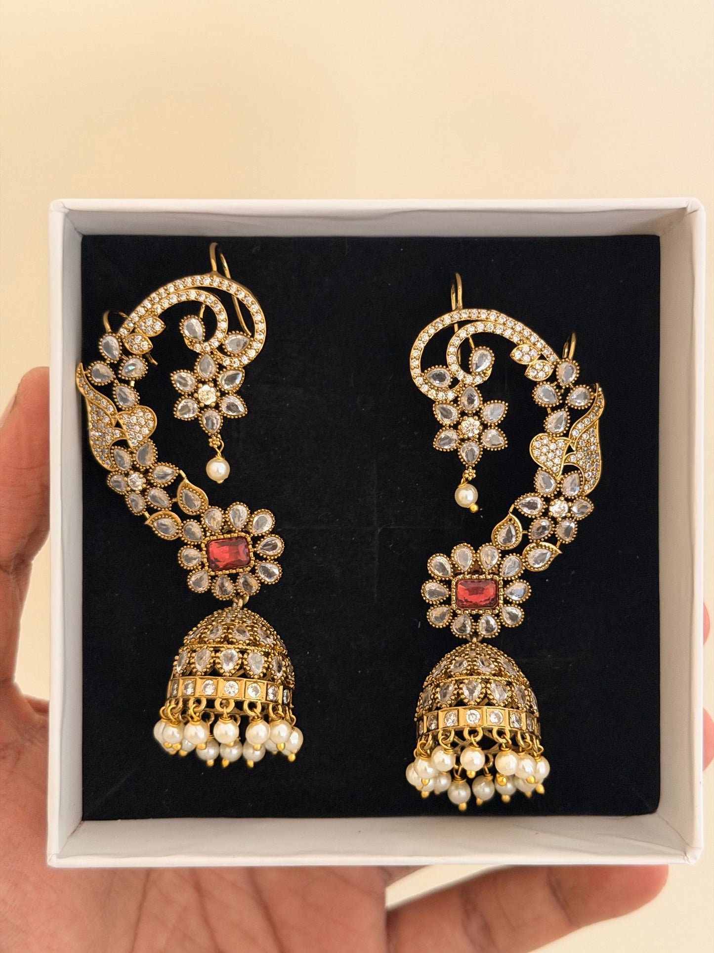 Moissanite Floral Earcuff Jhumka Earrings with Pearls (Ruby & Green)