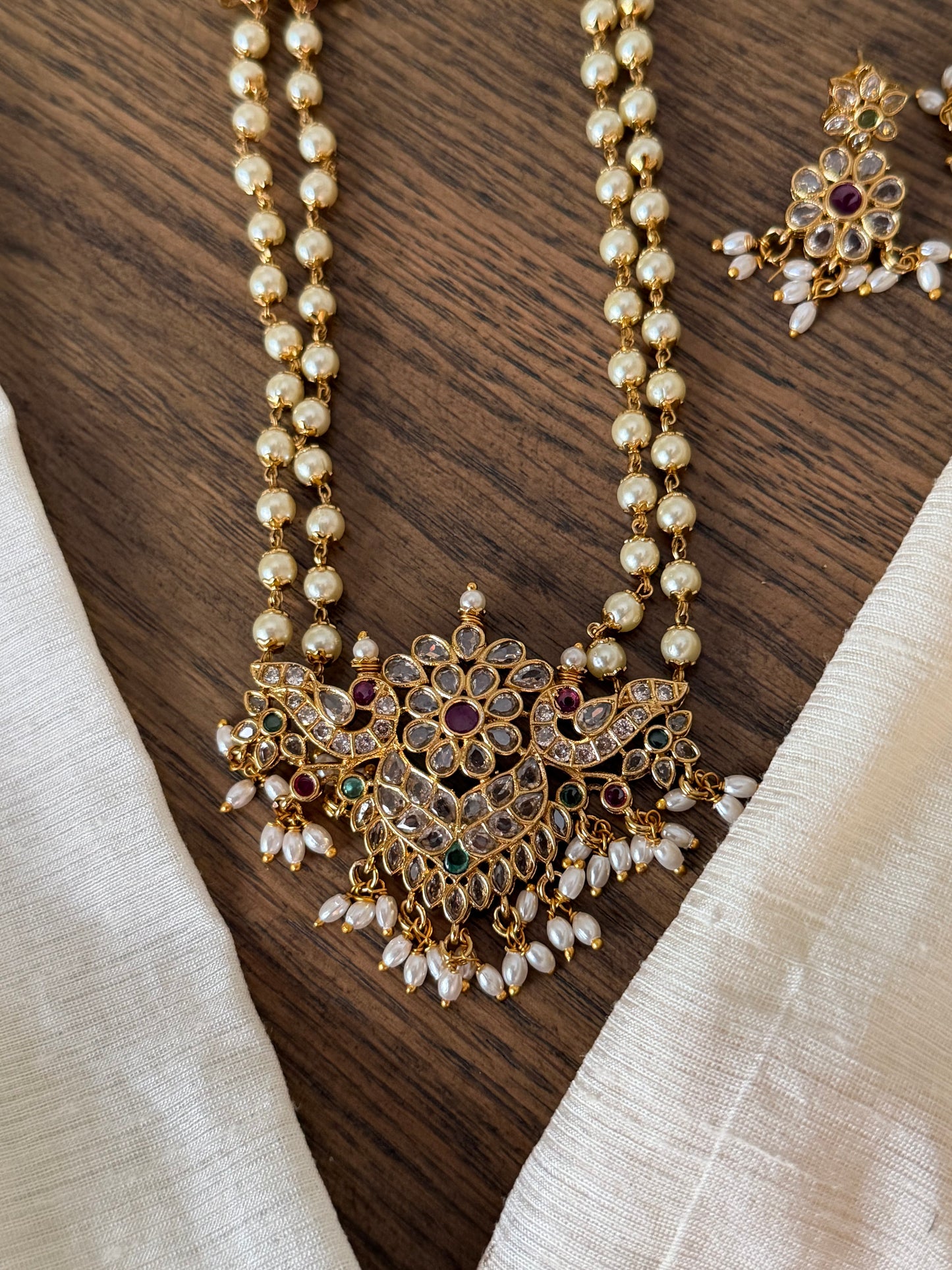 Traditional Kemp and Pearl Long Haram Necklace Set
