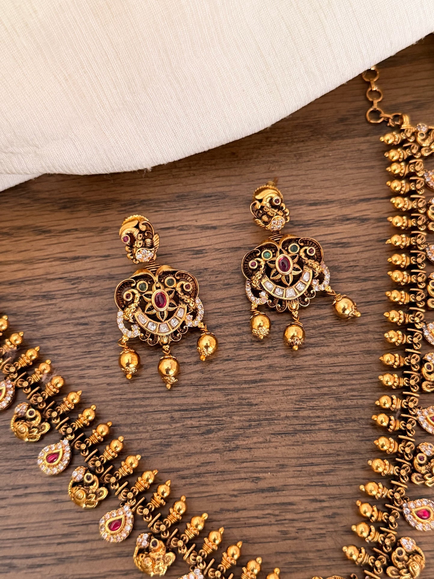 Royal Peacock Nakas Jewelry Set | Handcrafted Antique Gold Floral Necklace with Matching Earrings