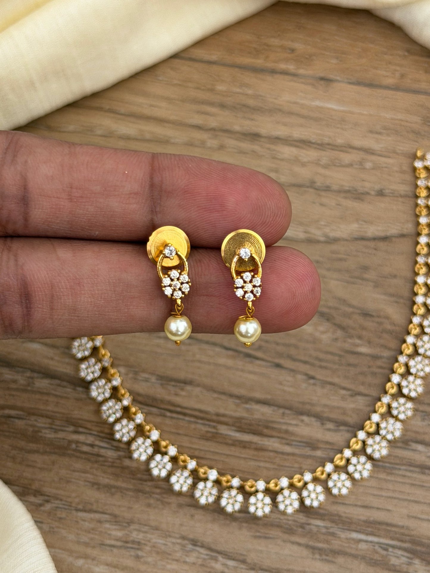 Delicate American Diamond Floral Necklace Set with Pearl Drop Earrings