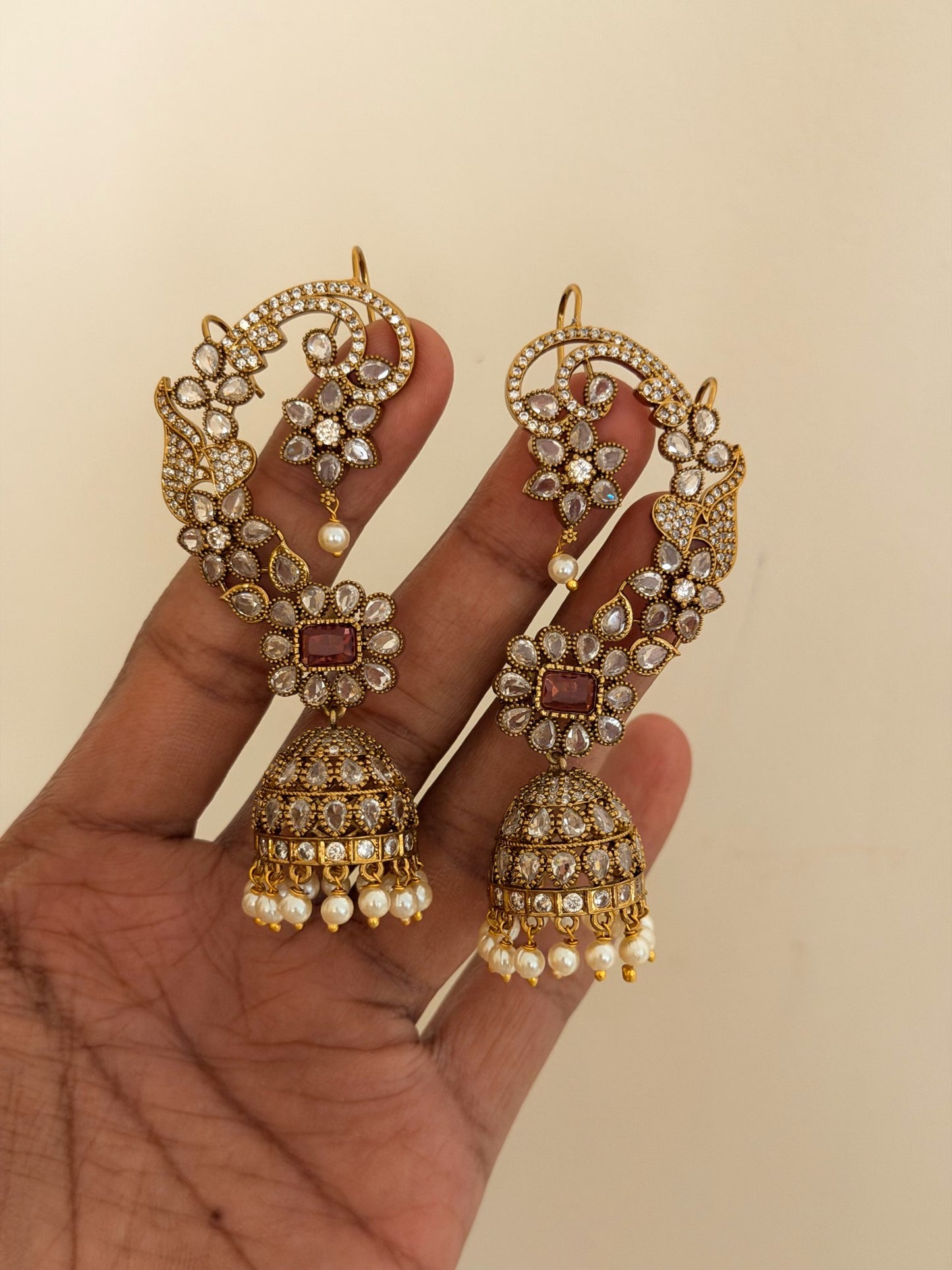 Moissanite Floral Earcuff Jhumka Earrings with Pearls (Ruby & Green)