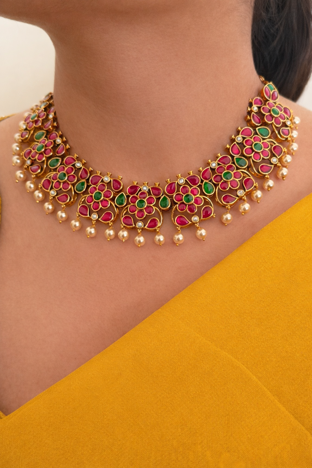 Grand Floral Jadau Kundan Necklace Set with Ruby & Emerald Stones