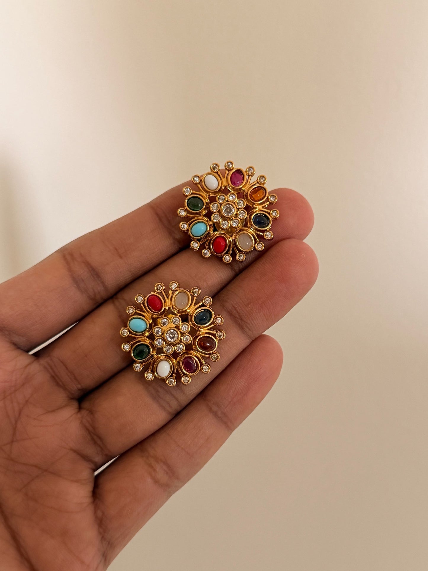 Navratna Stone Stud Earrings in Antique Gold Finish