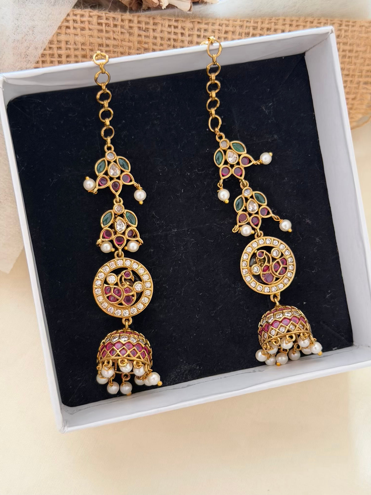 Peacock Disc Jhumka Earrings with Emerald Ruby Leaf Maatal Ear Chain