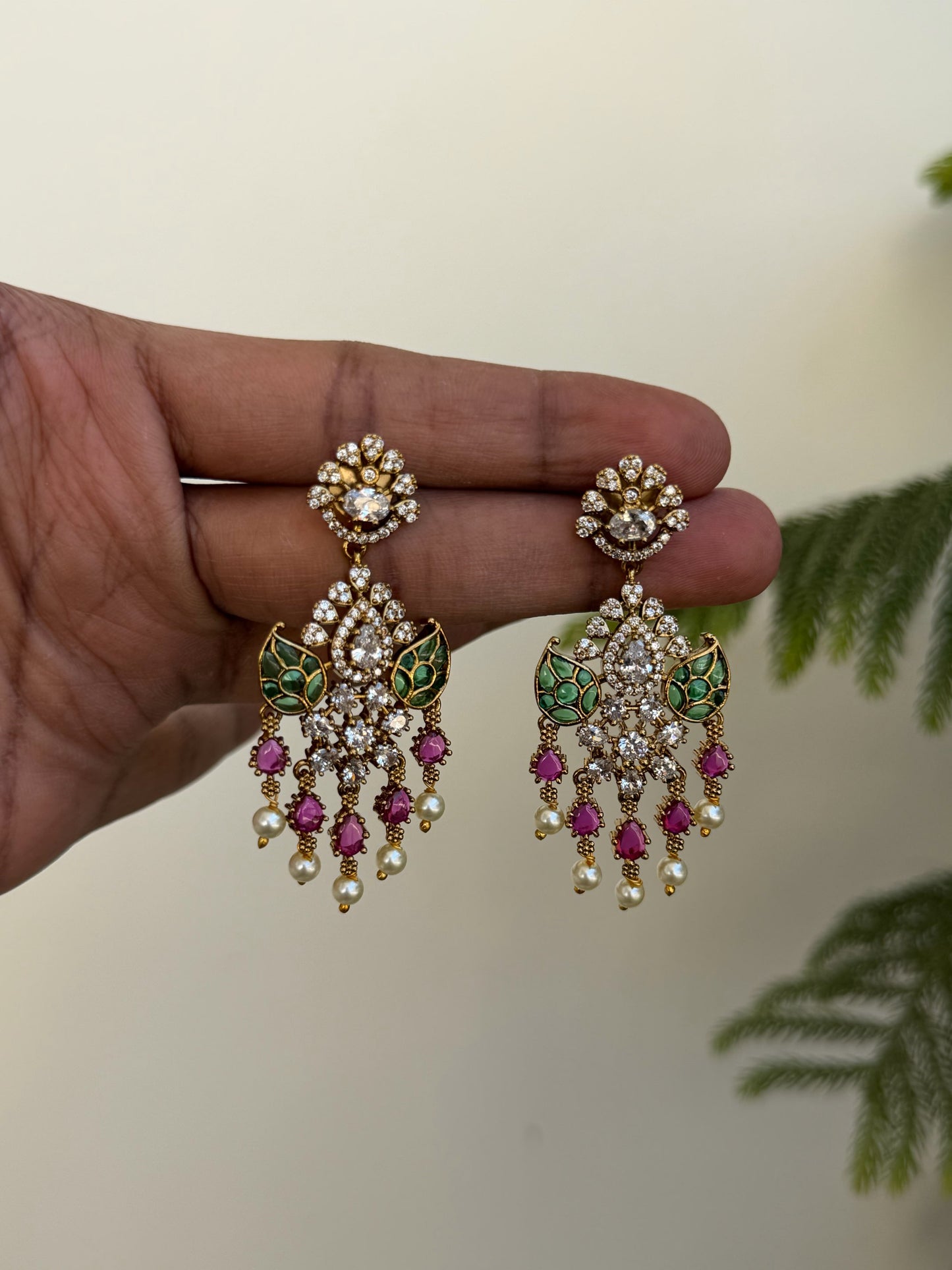 Traditional Moissanite Green & Pink Chandbali Earrings | MIJ Jewels