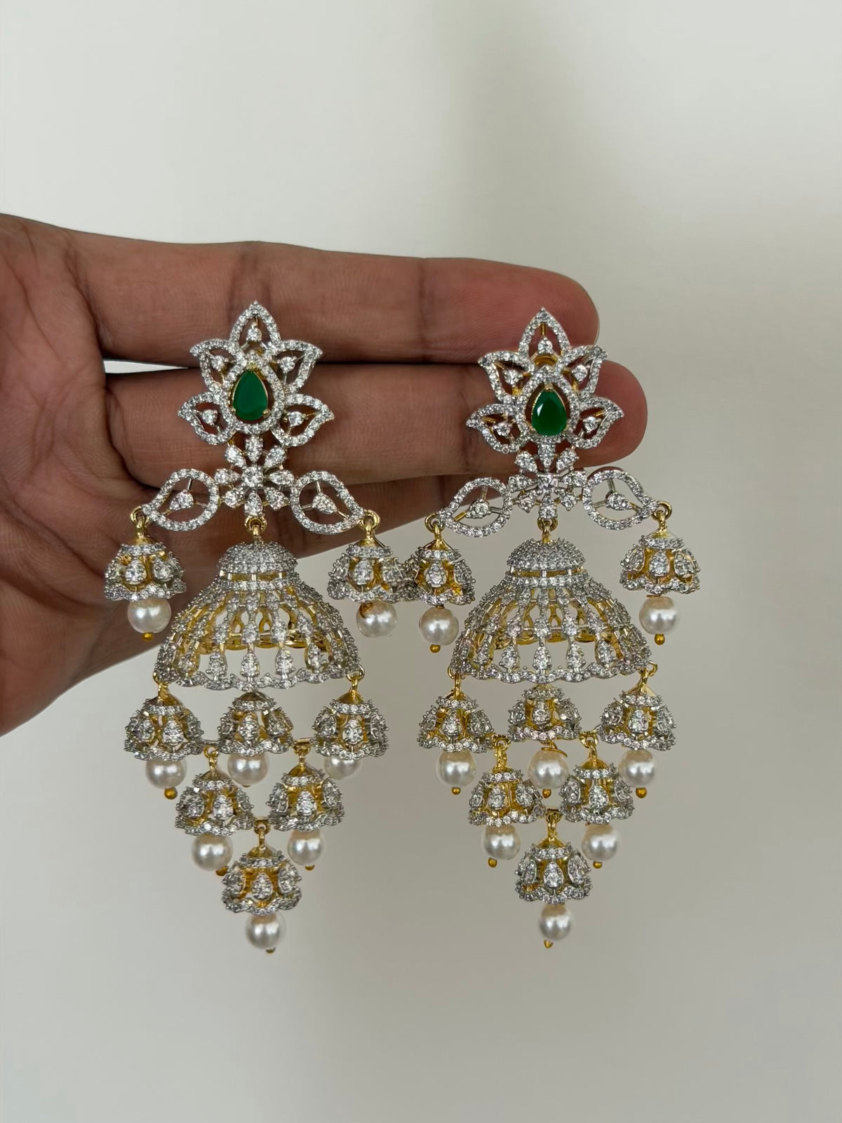 Diamond-Look CZ Chandelier Jhumka Earrings with Emerald Teardrop and Pearl Drops