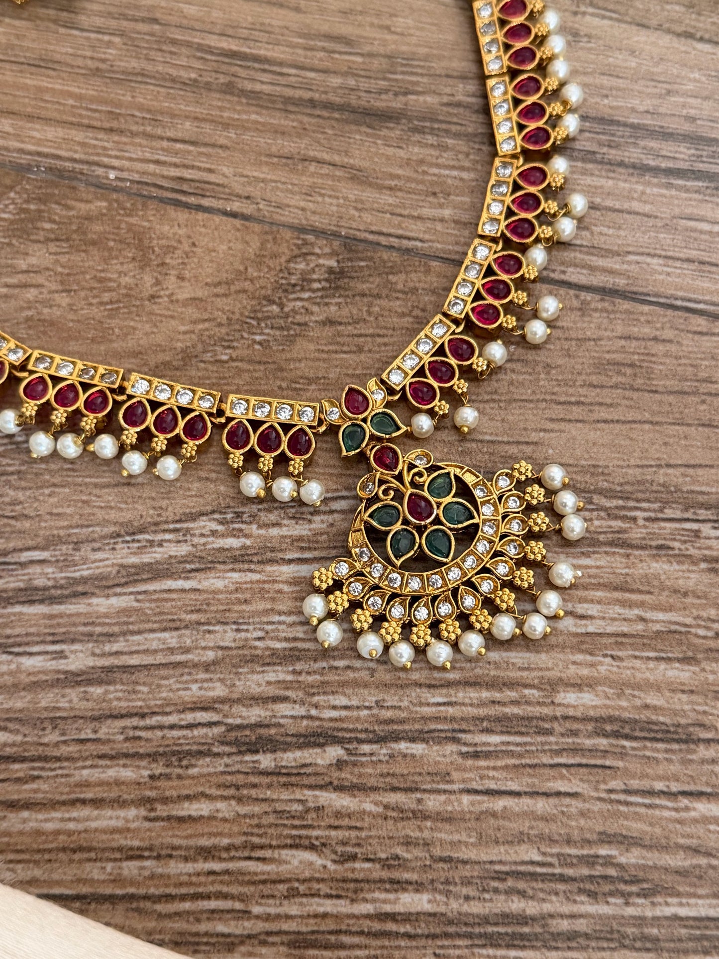 Traditional Antique Finish Ruby & Emerald Pearl-Drop Necklace
