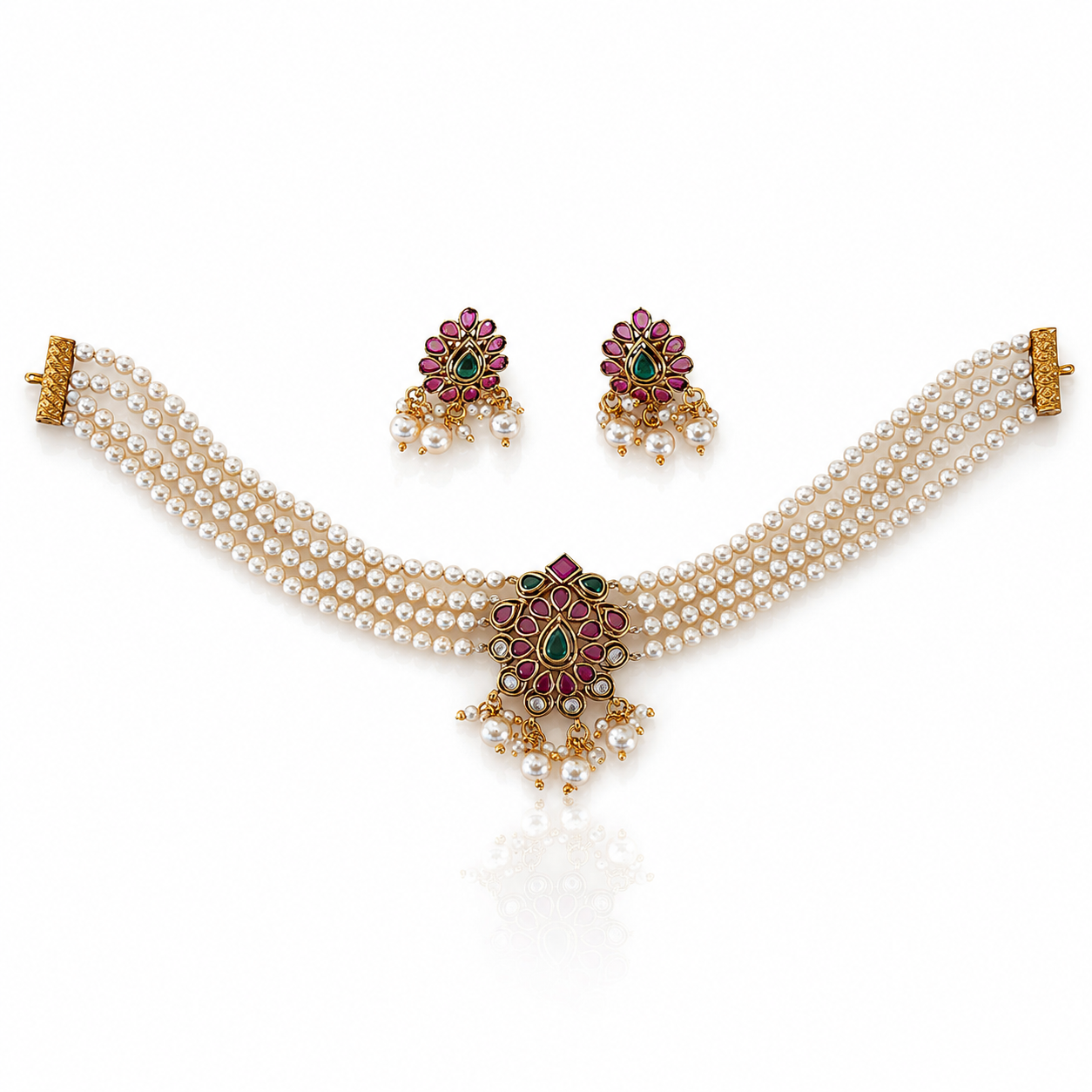 Triple Strand Pearl Floral Necklace Set with Matching Earrings