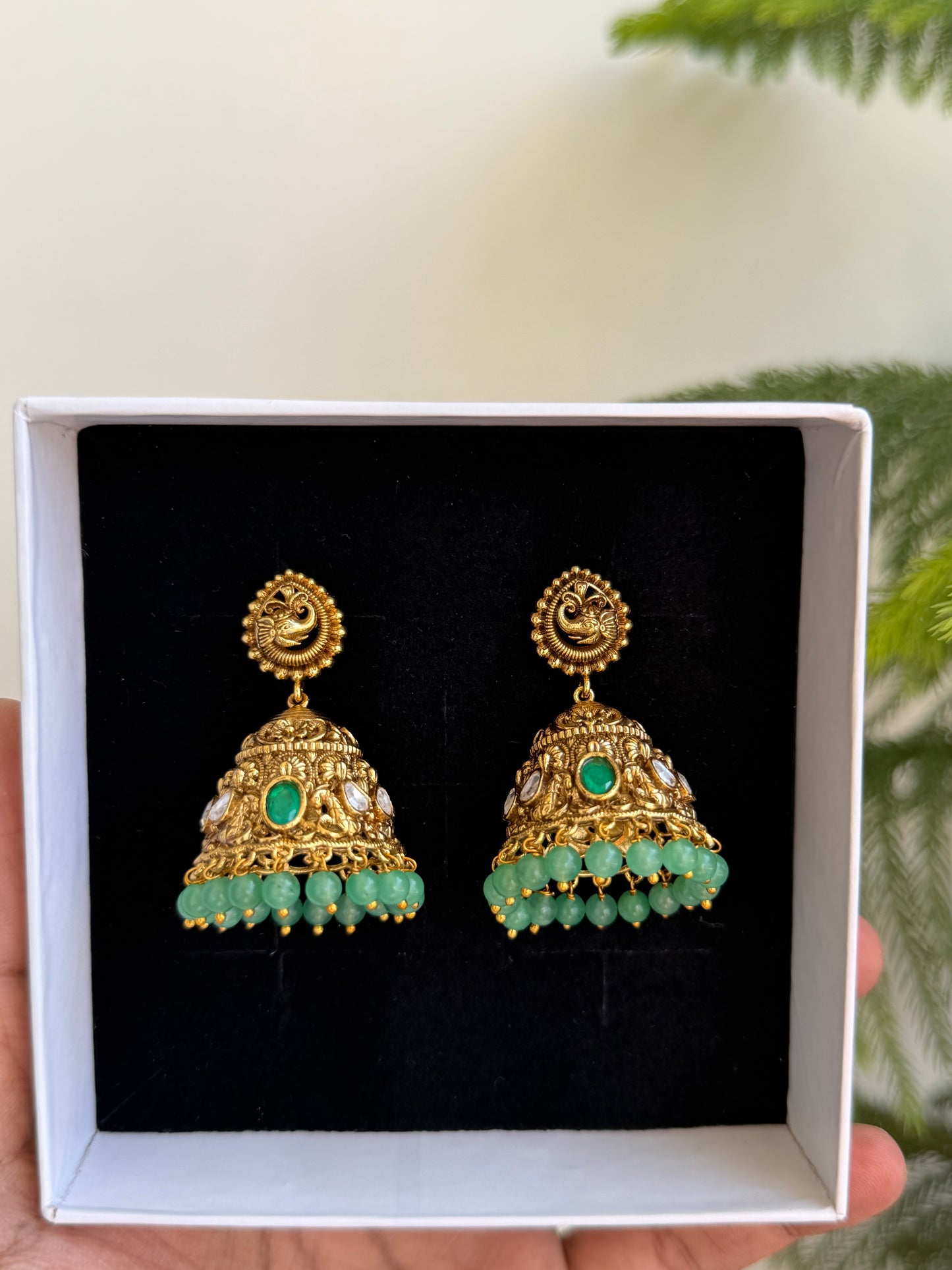 Antique Nakshi Moissonite Jhumka Earrings with Green Beads