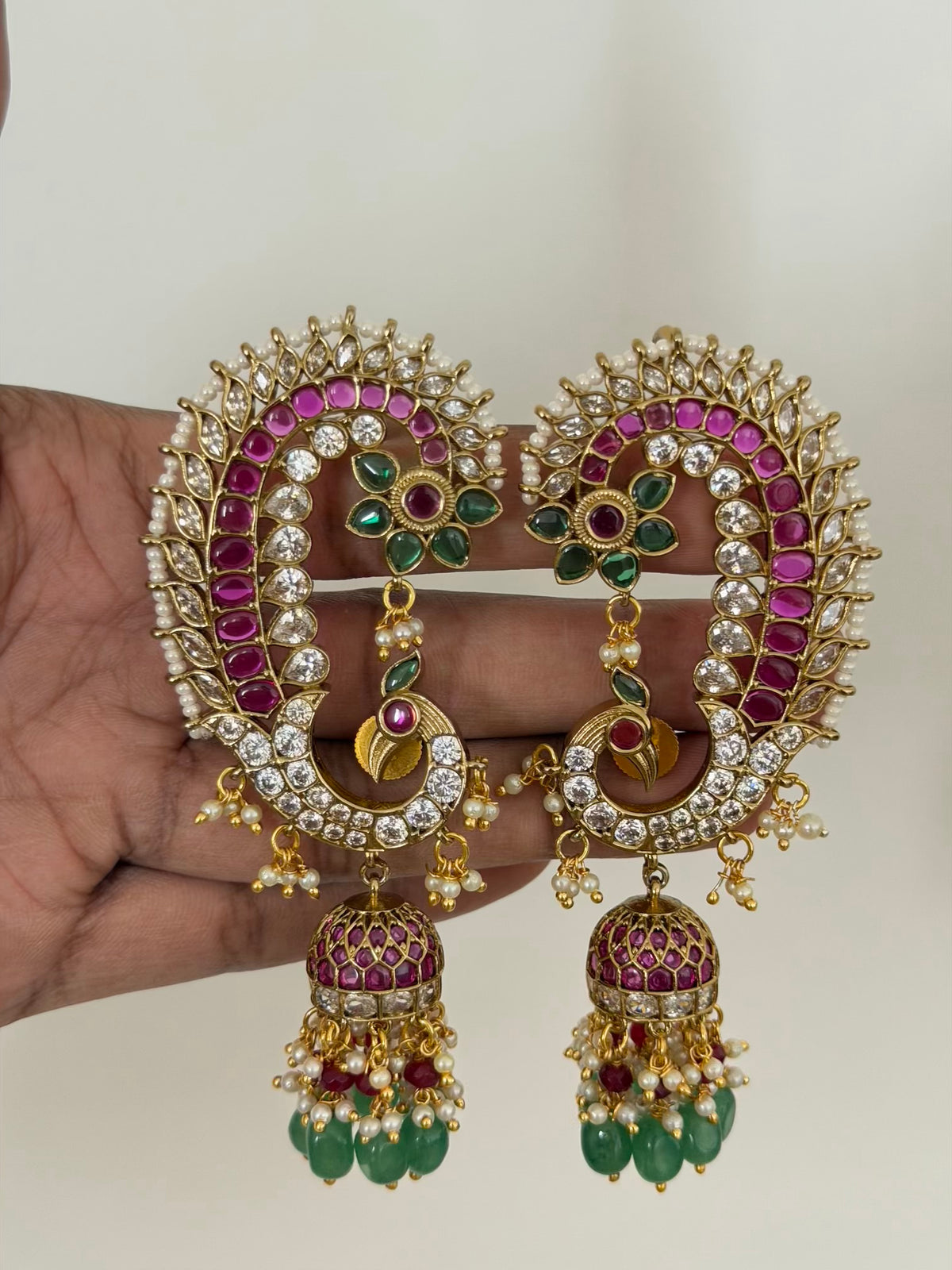 Peacock Paisley Statement Earrings with Ruby, Emerald and CZ Stones and Jhumka Drop