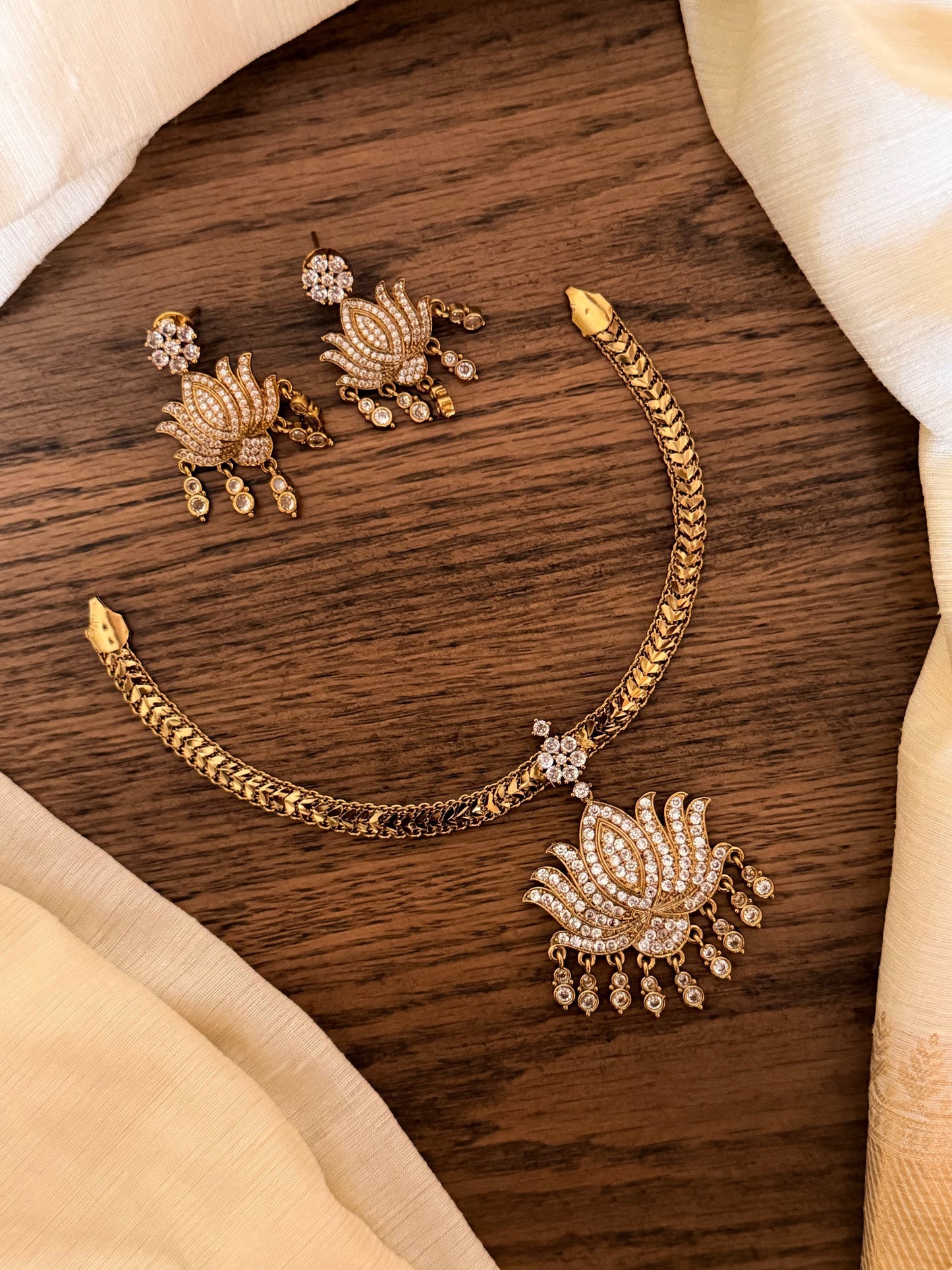 Elegant Lotus AD Stone Necklace Set – Budget Festive Wear