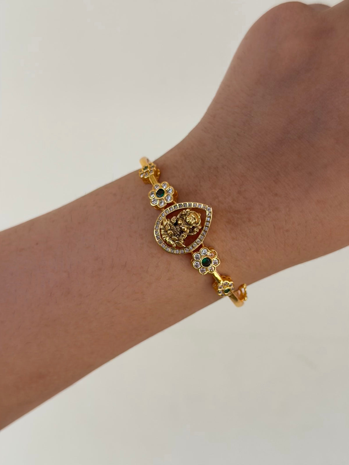 Lakshmi Teardrop Openable Kada Bracelet with Emerald Floral Zircon Accents