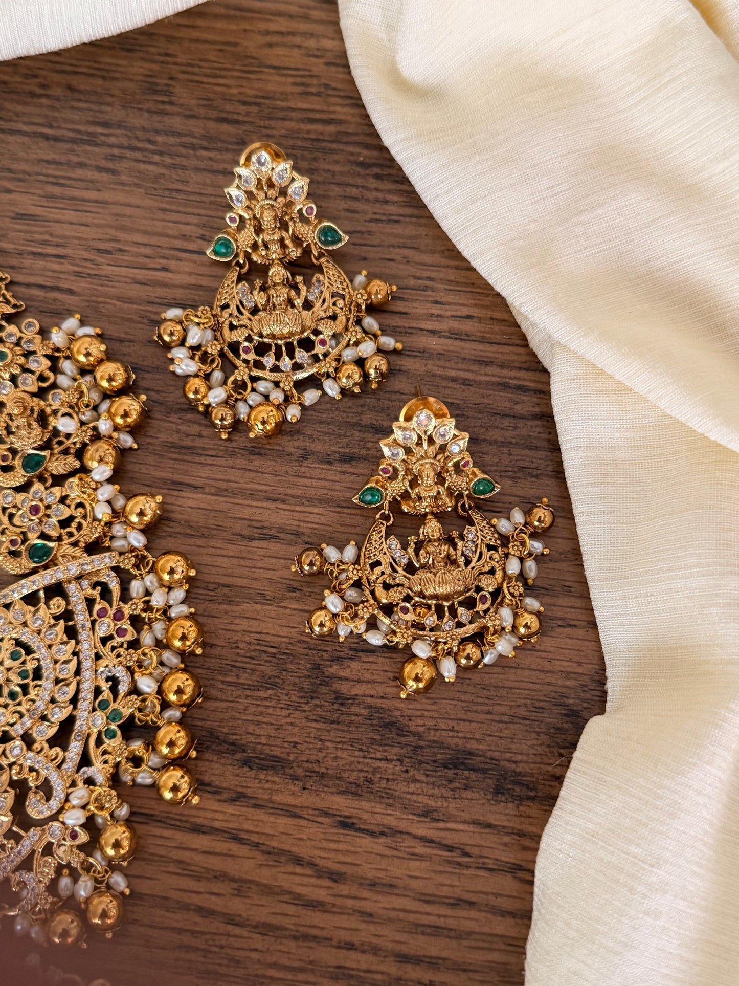 Bridal Lakshmi Devi Nakshi Necklace Set in Antique Gold Finish