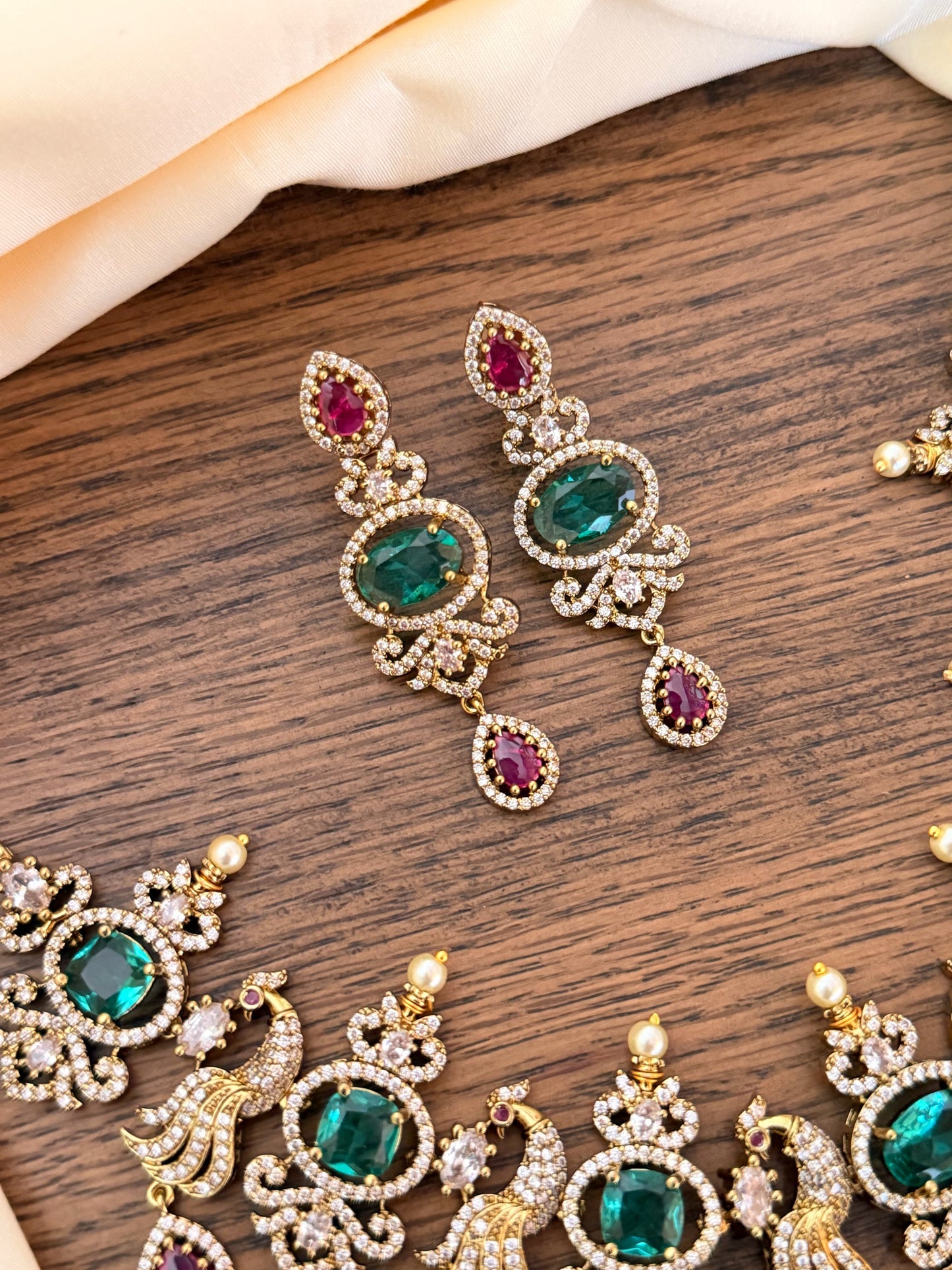 Victorian Peacock Necklace Set with Ocean Blue & Ruby Stones | Premium Plated Bridal & Semi Bridal Jewelry