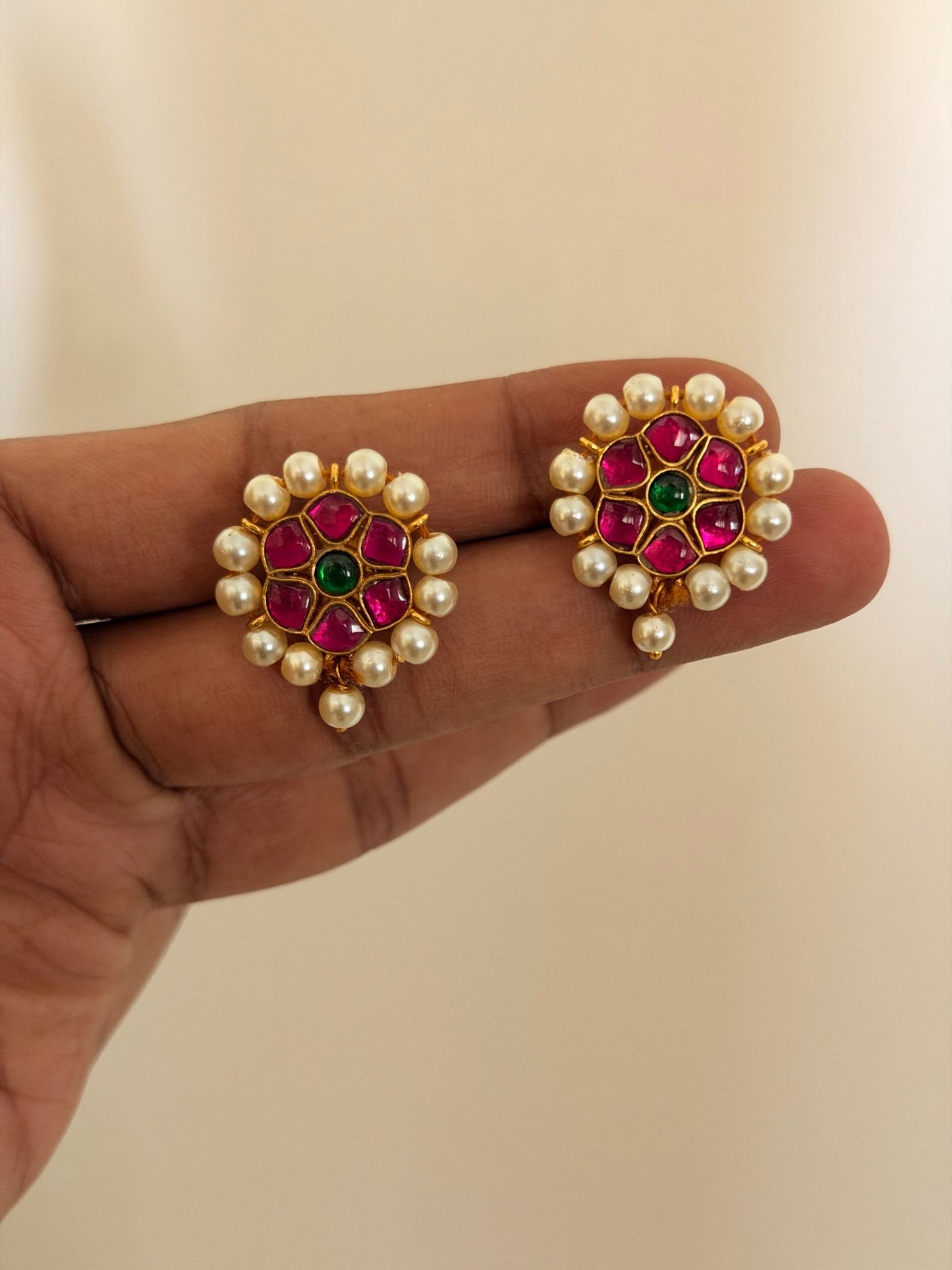 Floral Multi-Stone Drop Earrings with Red & Green Accents