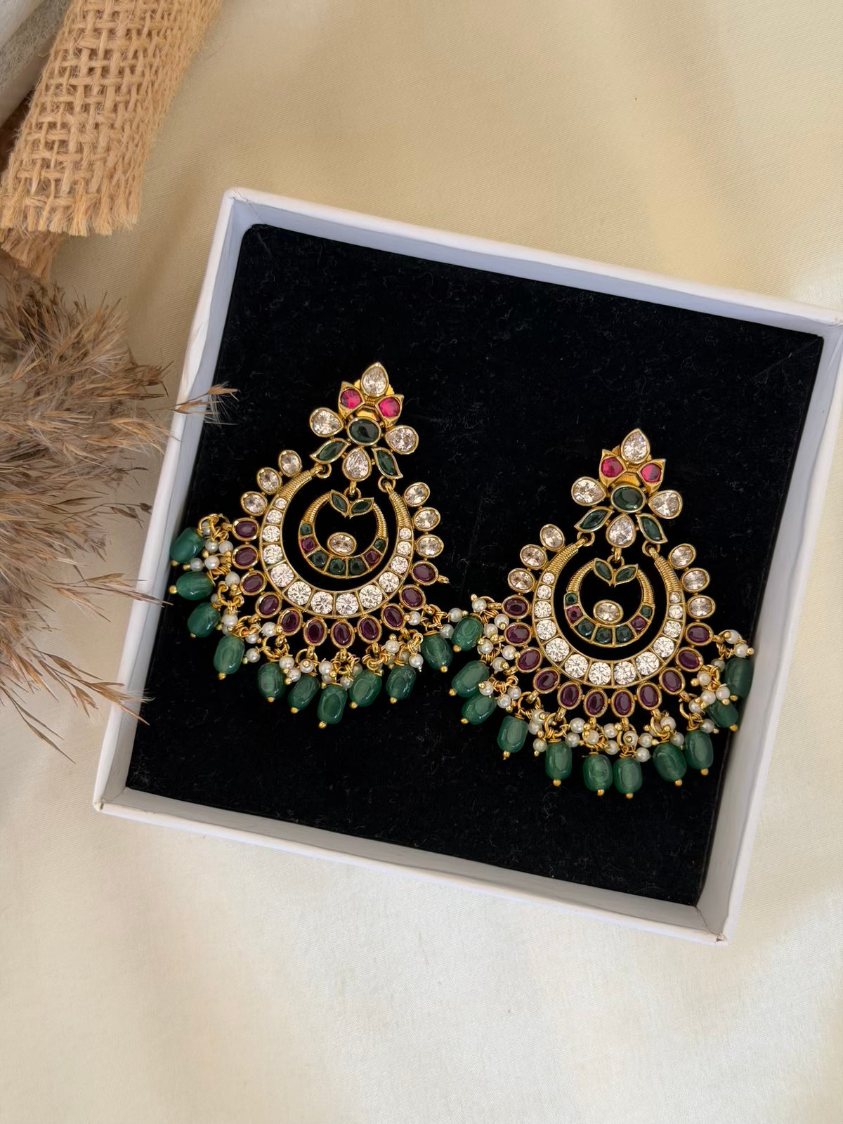 Double Crescent Ruby Emerald Chaandbali Earrings with Jade Bead Drops