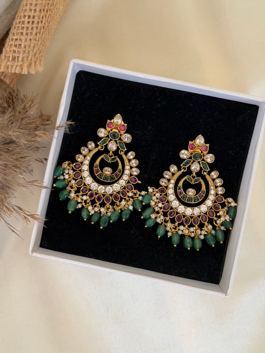 Double Crescent Ruby Emerald Chaandbali Earrings with Jade Bead Drops