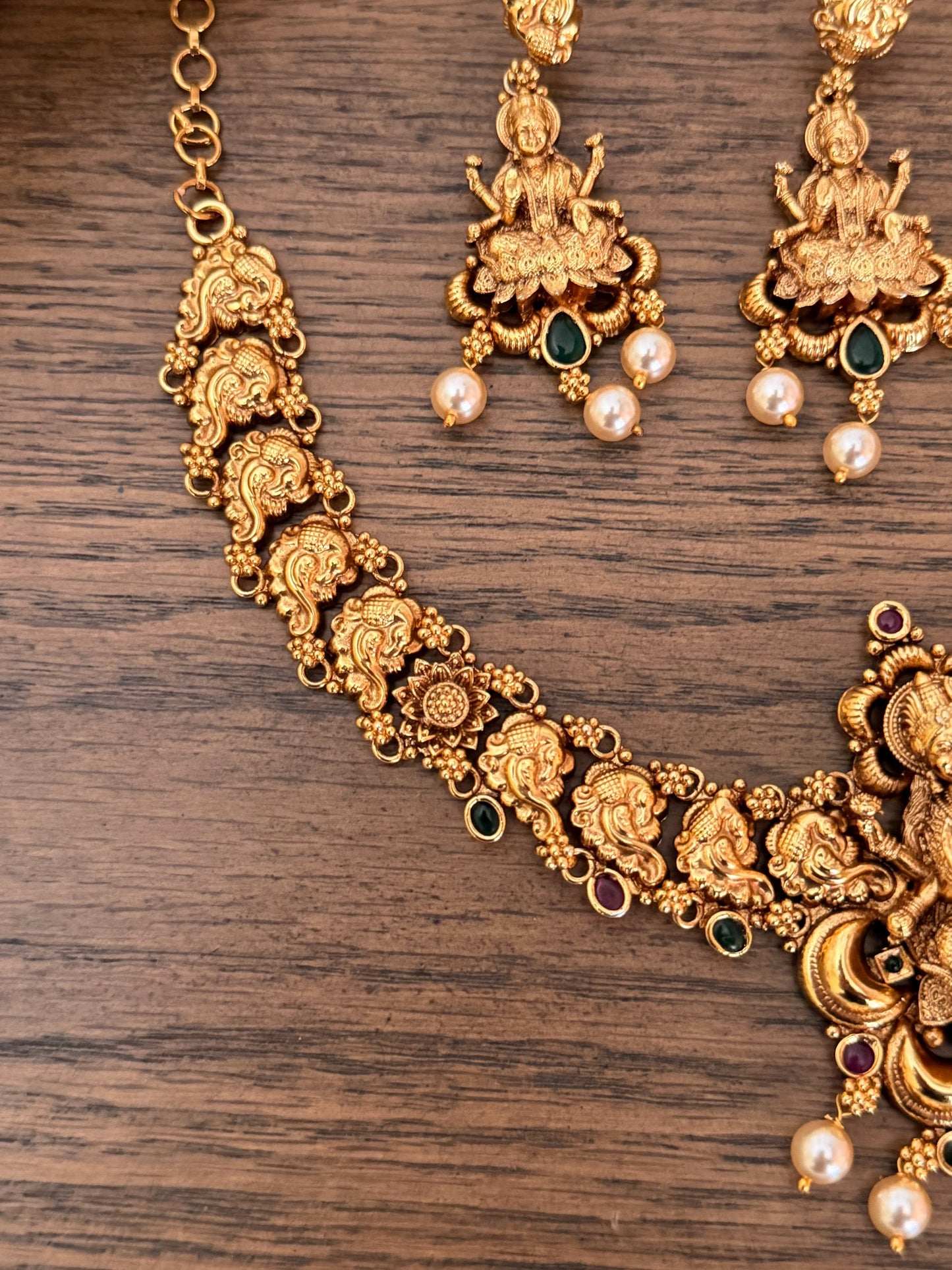 Antique Gold Look Temple Jewelry Set - Goddess Lakshmi Pendant with Pearl Accents