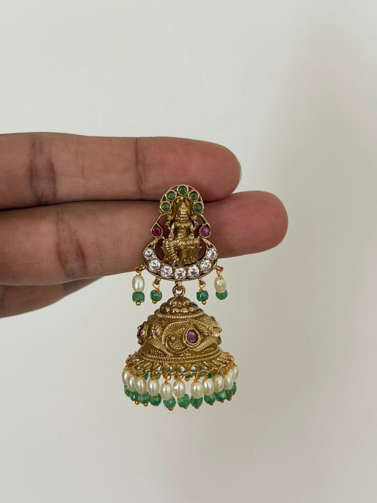 Lakshmi Stud Jhumka Earrings with CZ Crescent and Rice Pearl and Green Bead Drops