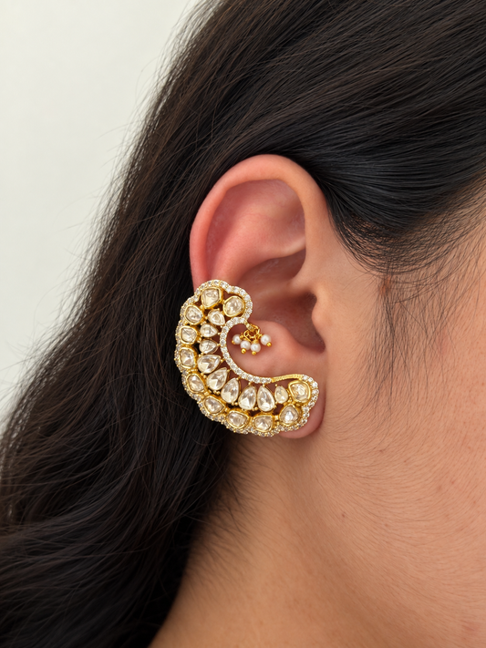 Kundan Polki Crescent Dangler Earrings with Pearl Drop